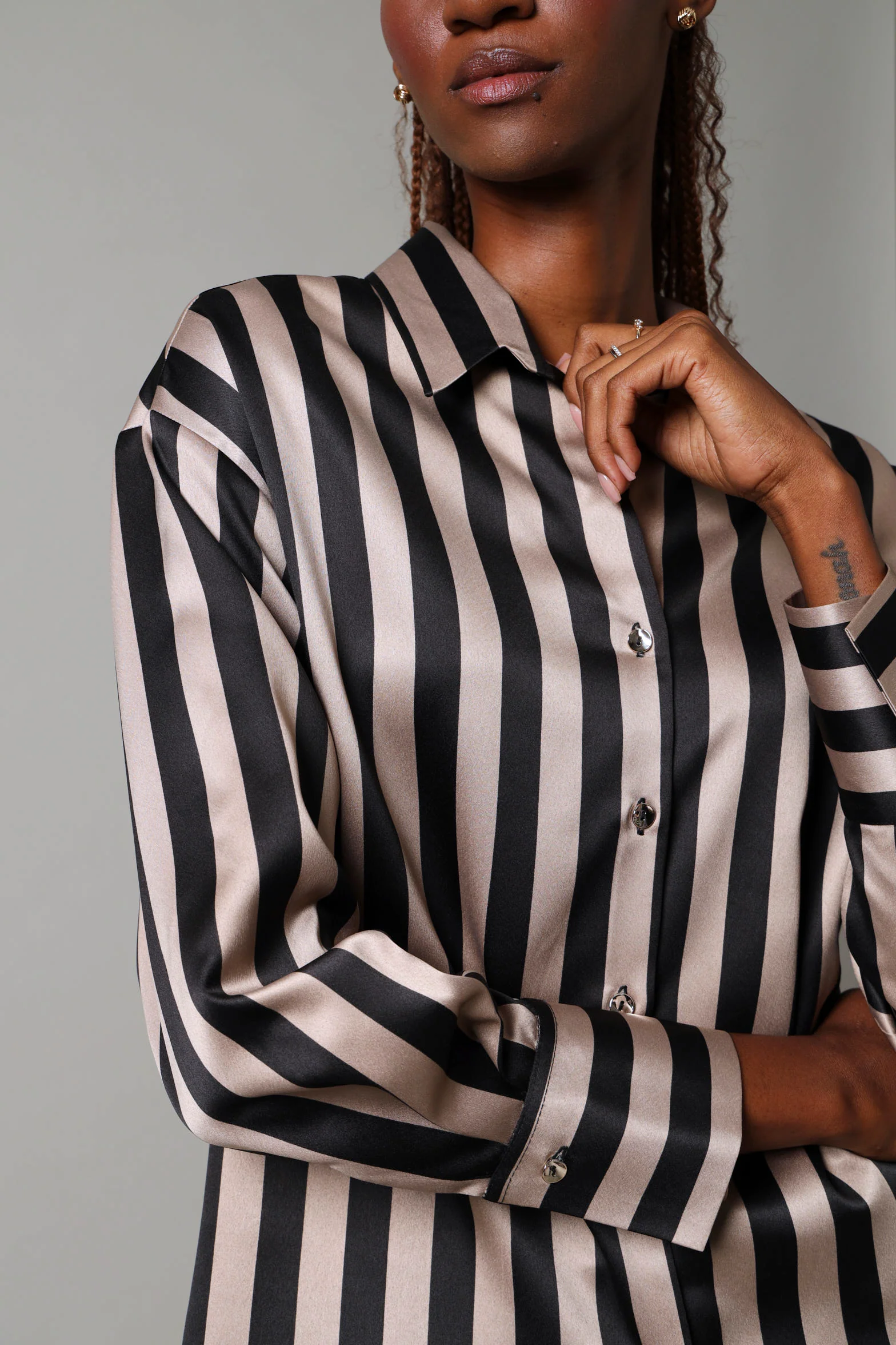 Long Sleeve  Stripe Satin Shirt- Beige/Black - Image 2