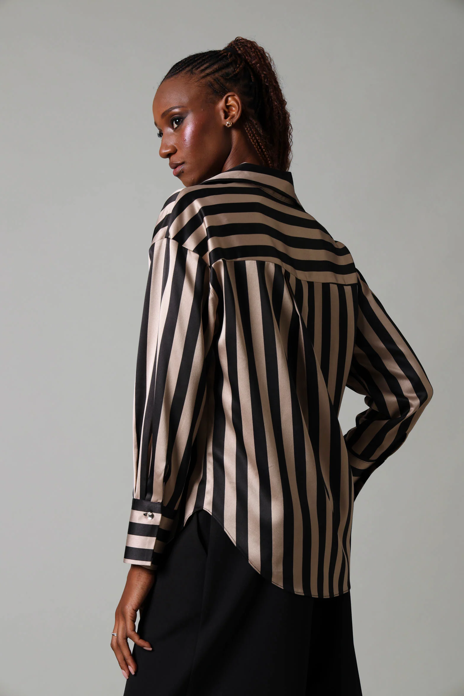 Long Sleeve  Stripe Satin Shirt- Beige/Black - Image 3
