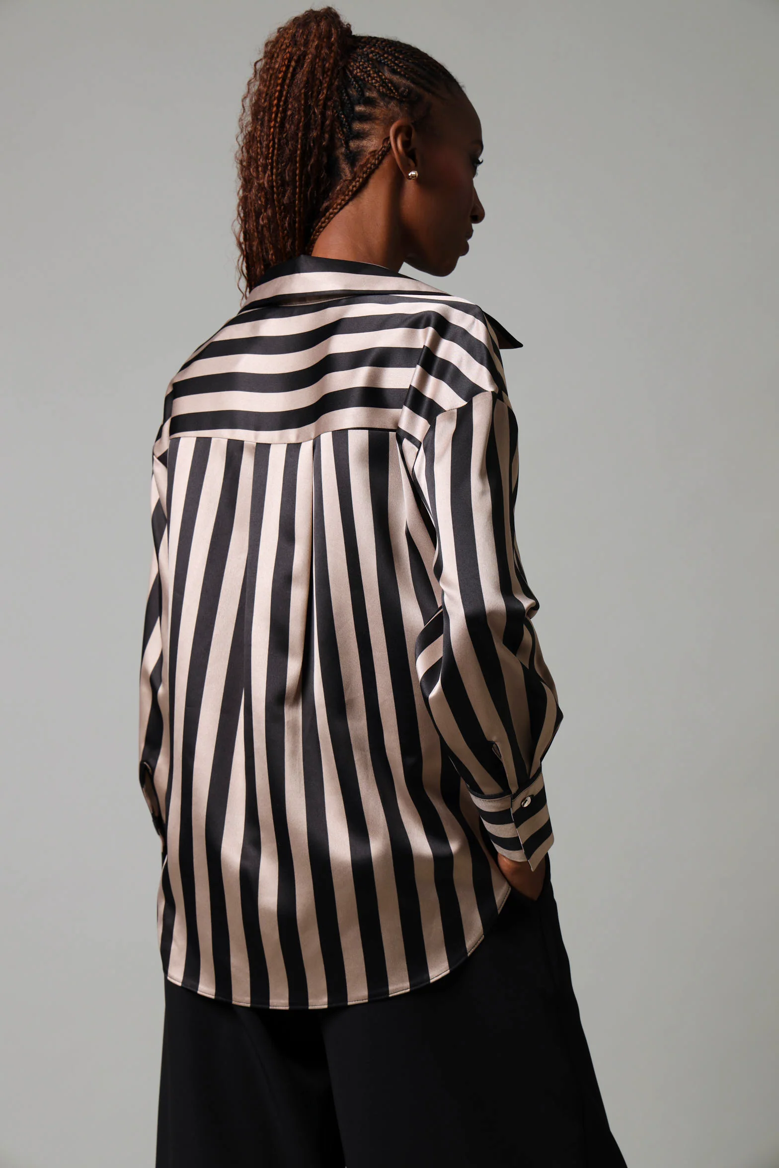 Long Sleeve  Stripe Satin Shirt- Beige/Black - Image 4
