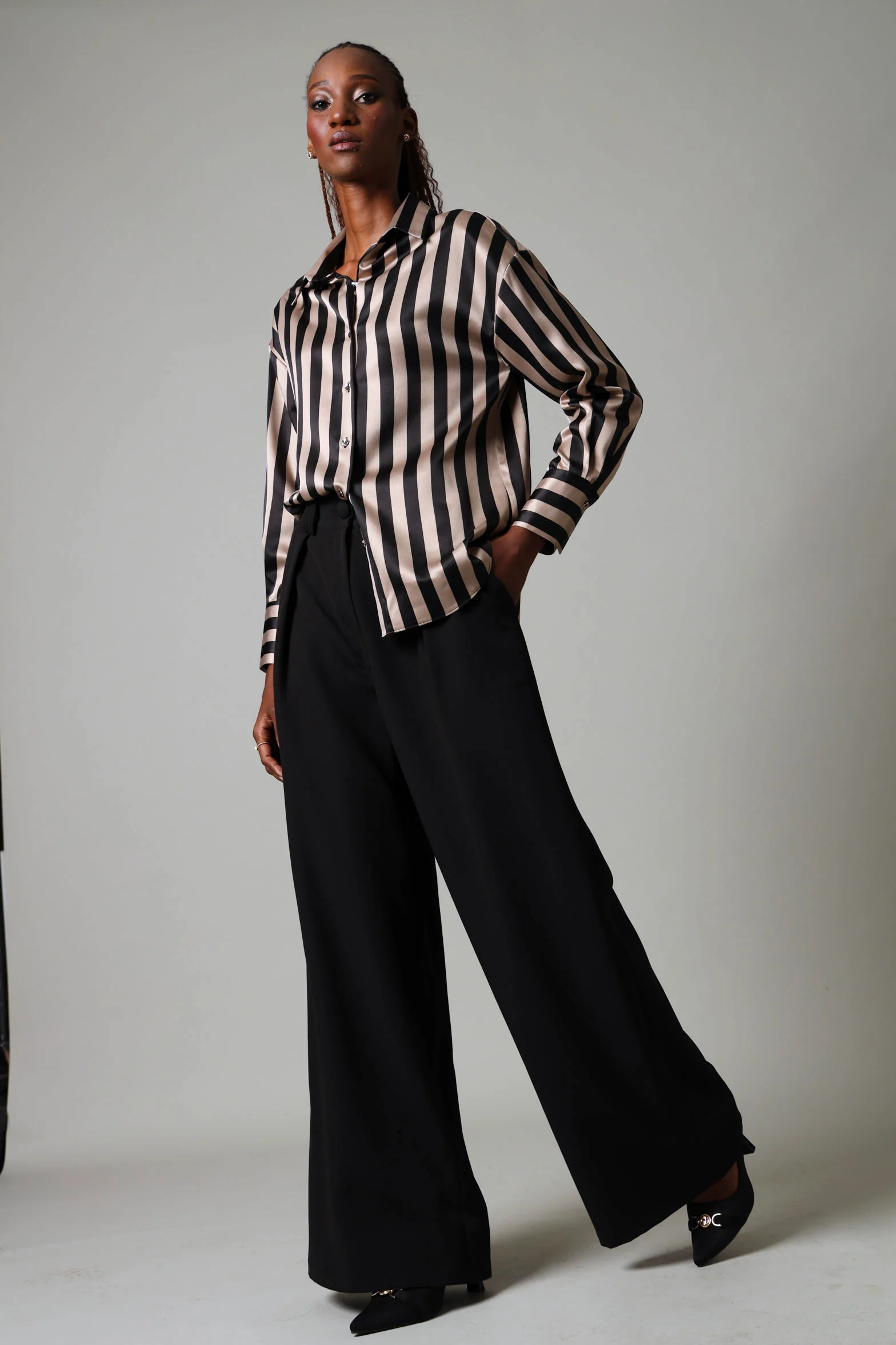 Long Sleeve  Stripe Satin Shirt- Beige/Black - Image 5