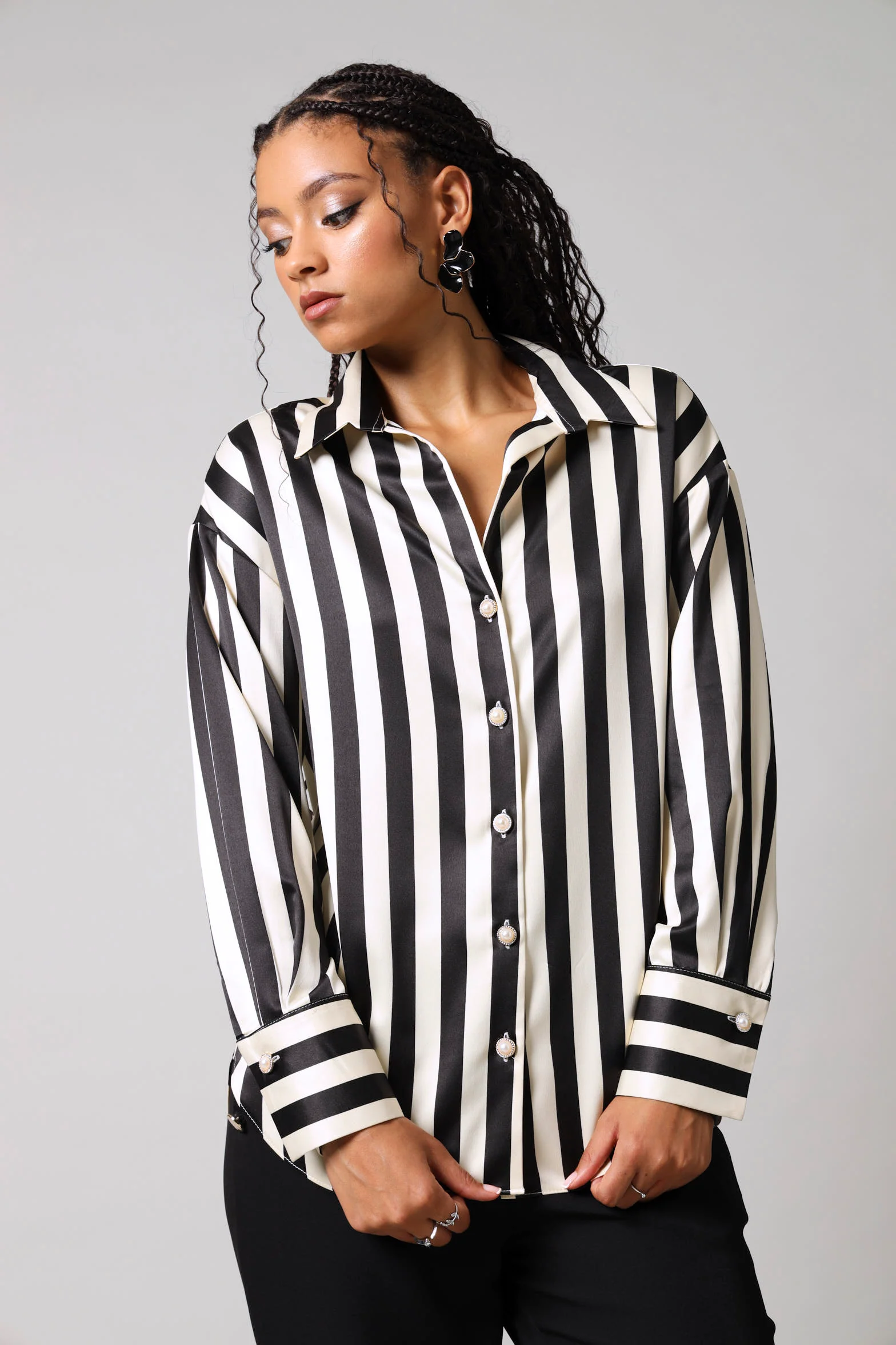 Long Sleeve Stripe Satin Shirt - Black/White - Image 2