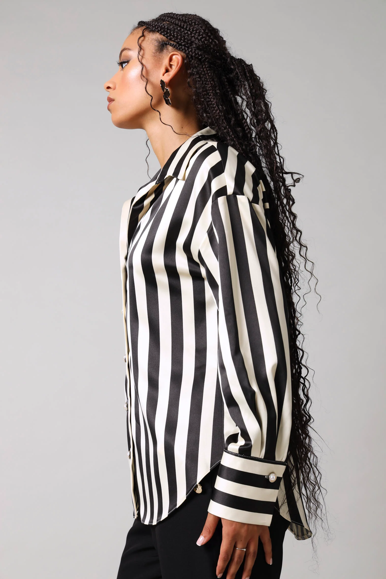 Long Sleeve Stripe Satin Shirt - Black/White - Image 3