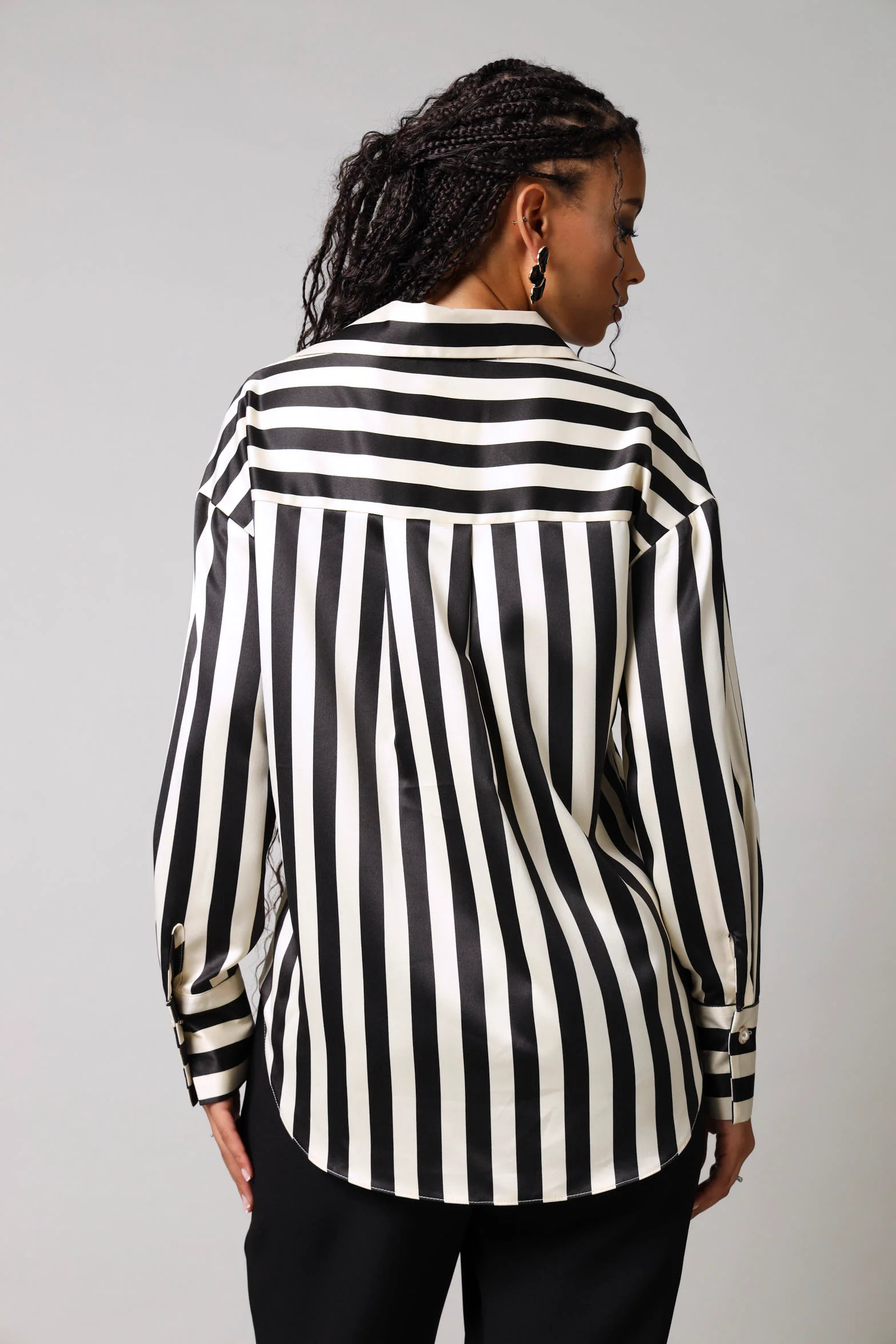 Long Sleeve Stripe Satin Shirt - Black/White - Image 5