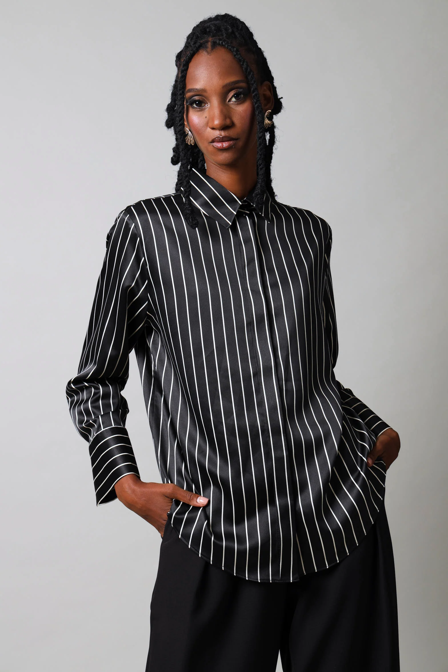 Long Sleeve Stripe Satin Shirt - Black/White