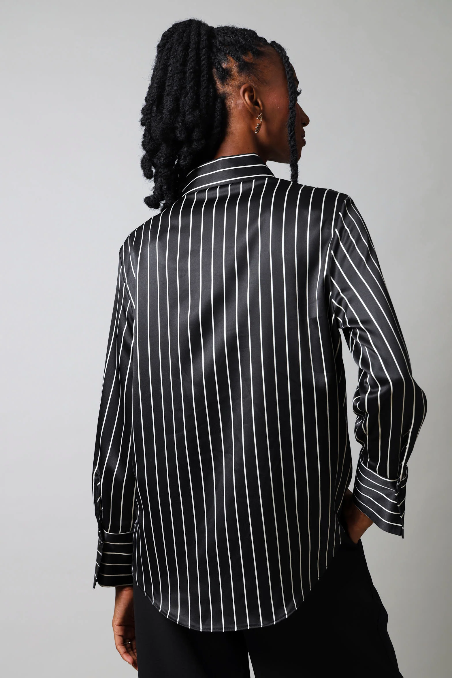 Long Sleeve Stripe Satin Shirt - Black/White - Image 3