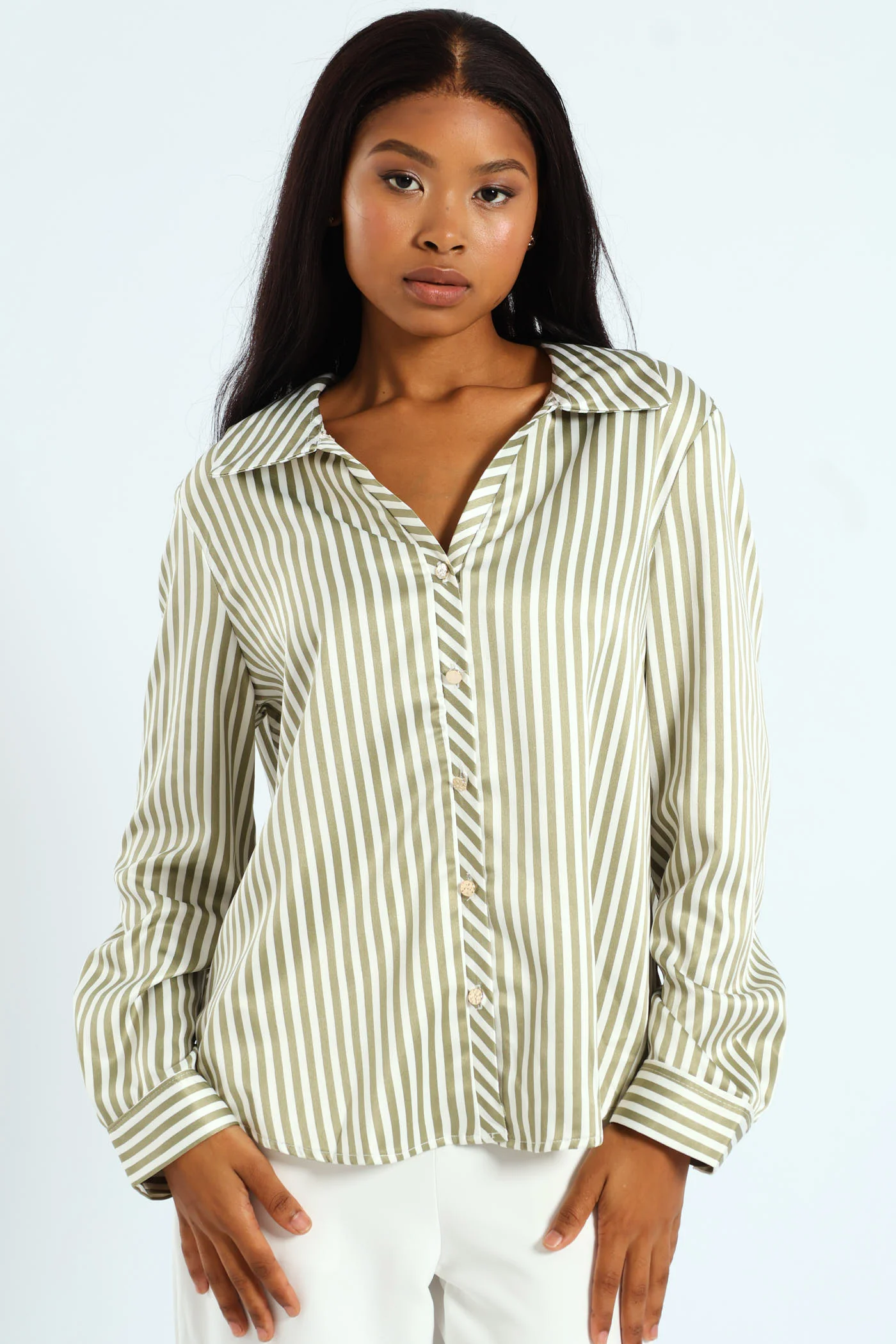 Long Sleeve Stripe Satin Shirt - Fatigue/Cream
