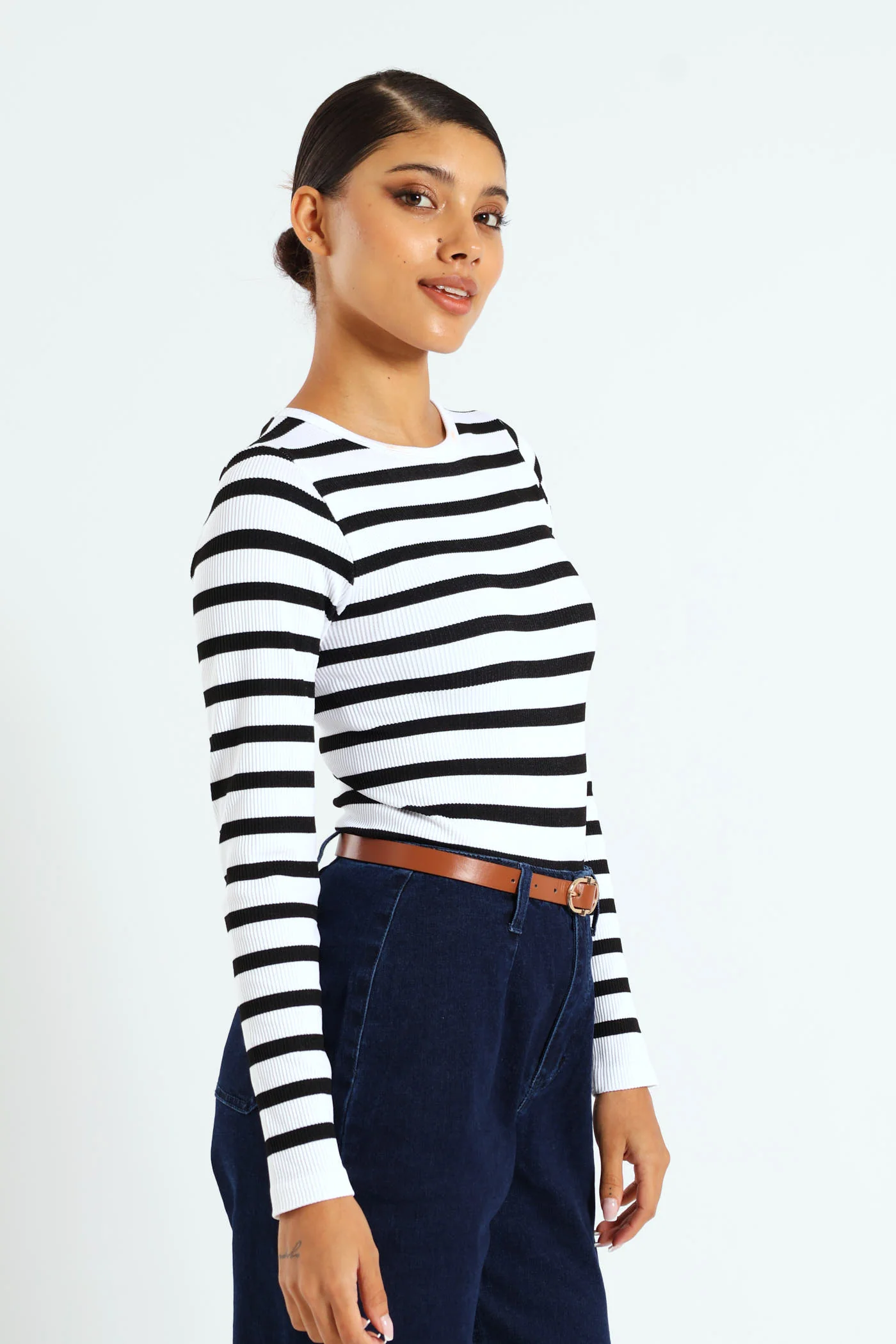 Long Sleeve Stripe Seamless Top - White/Black - Image 3