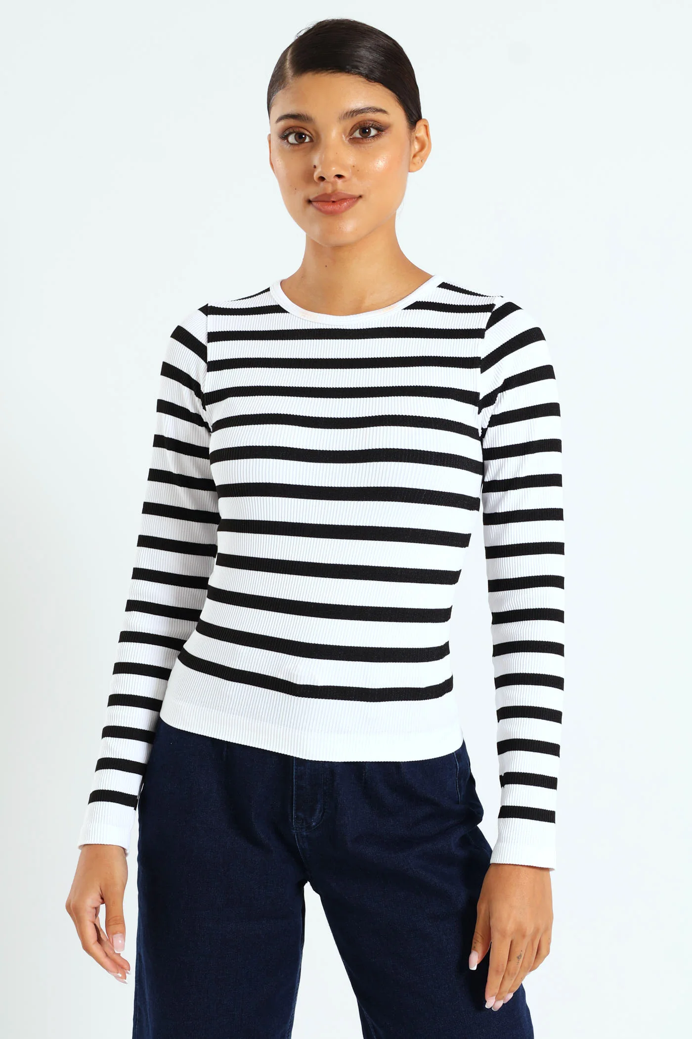 Long Sleeve Stripe Seamless Top - White/Black - Image 5