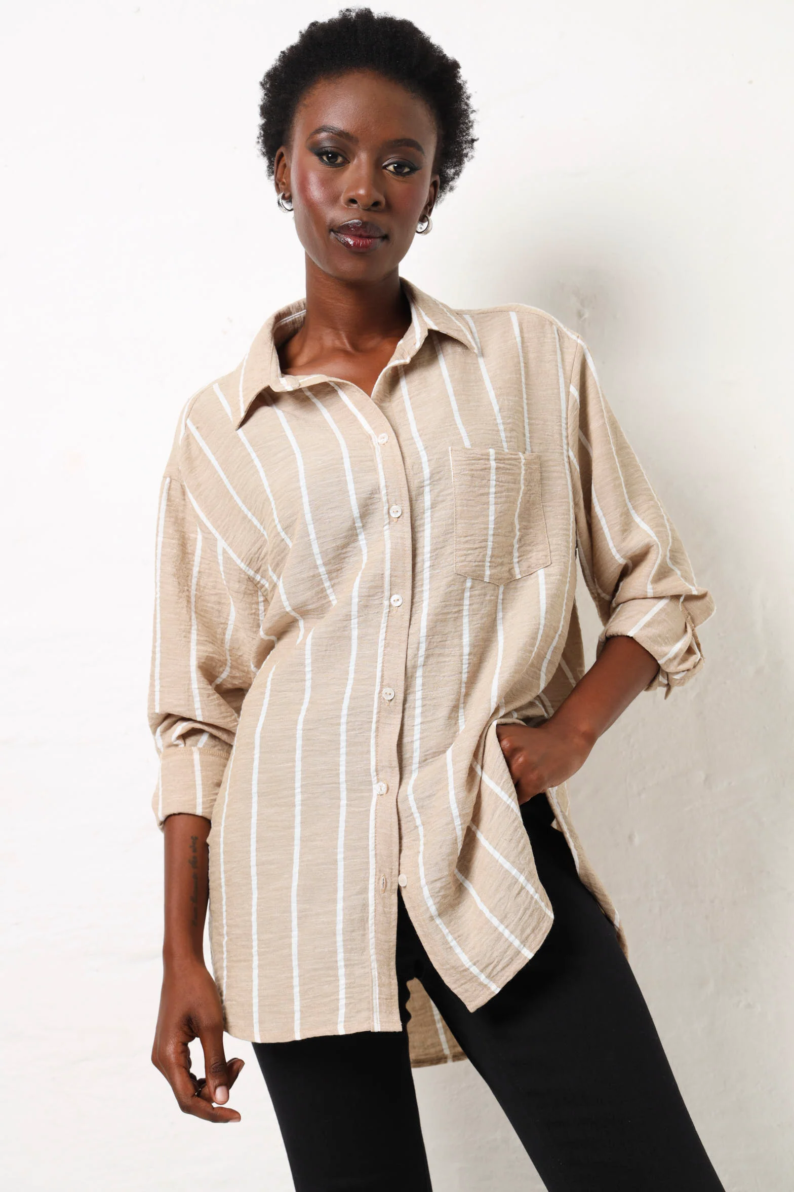 Long Sleeve Striped Linen Shirt - Beige/White