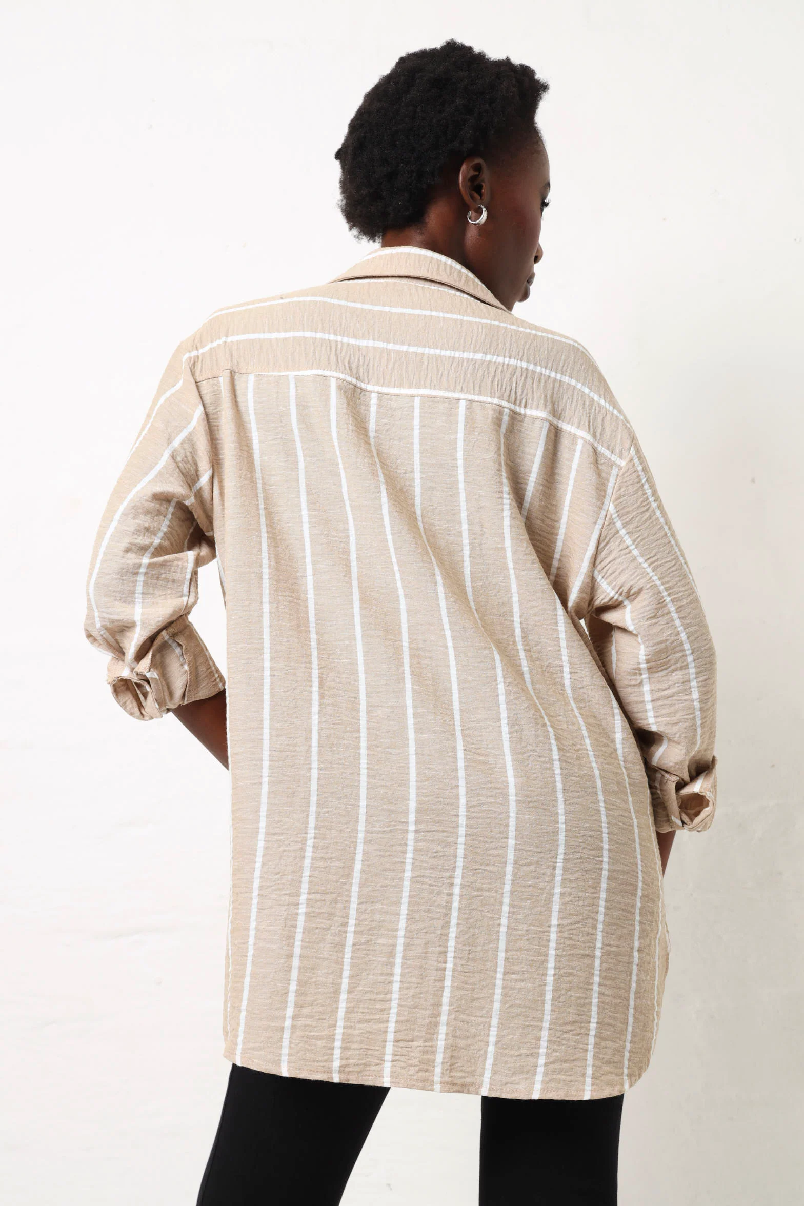 Long Sleeve Striped Linen Shirt - Beige/White - Image 3