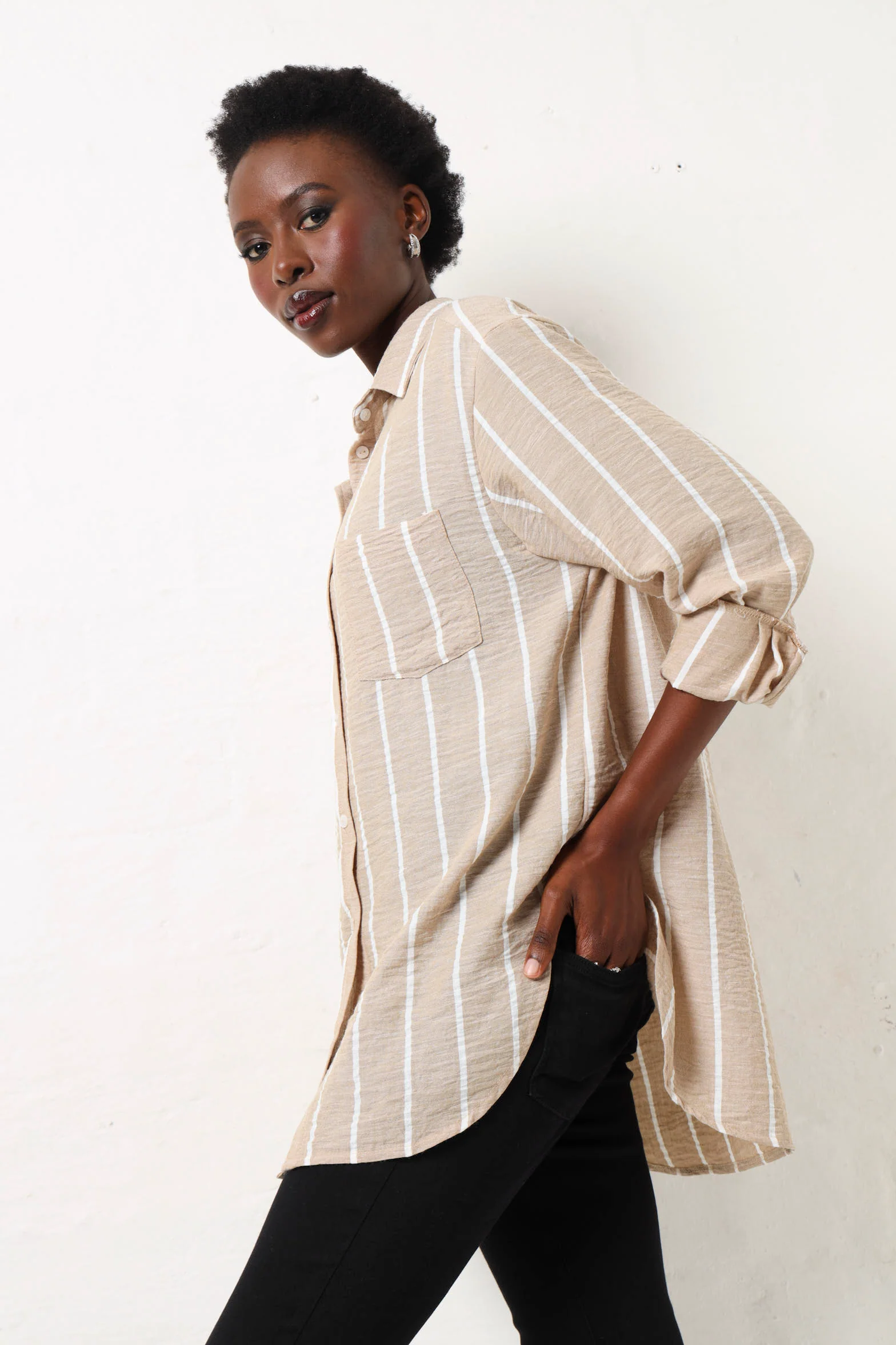 Long Sleeve Striped Linen Shirt - Beige/White - Image 4