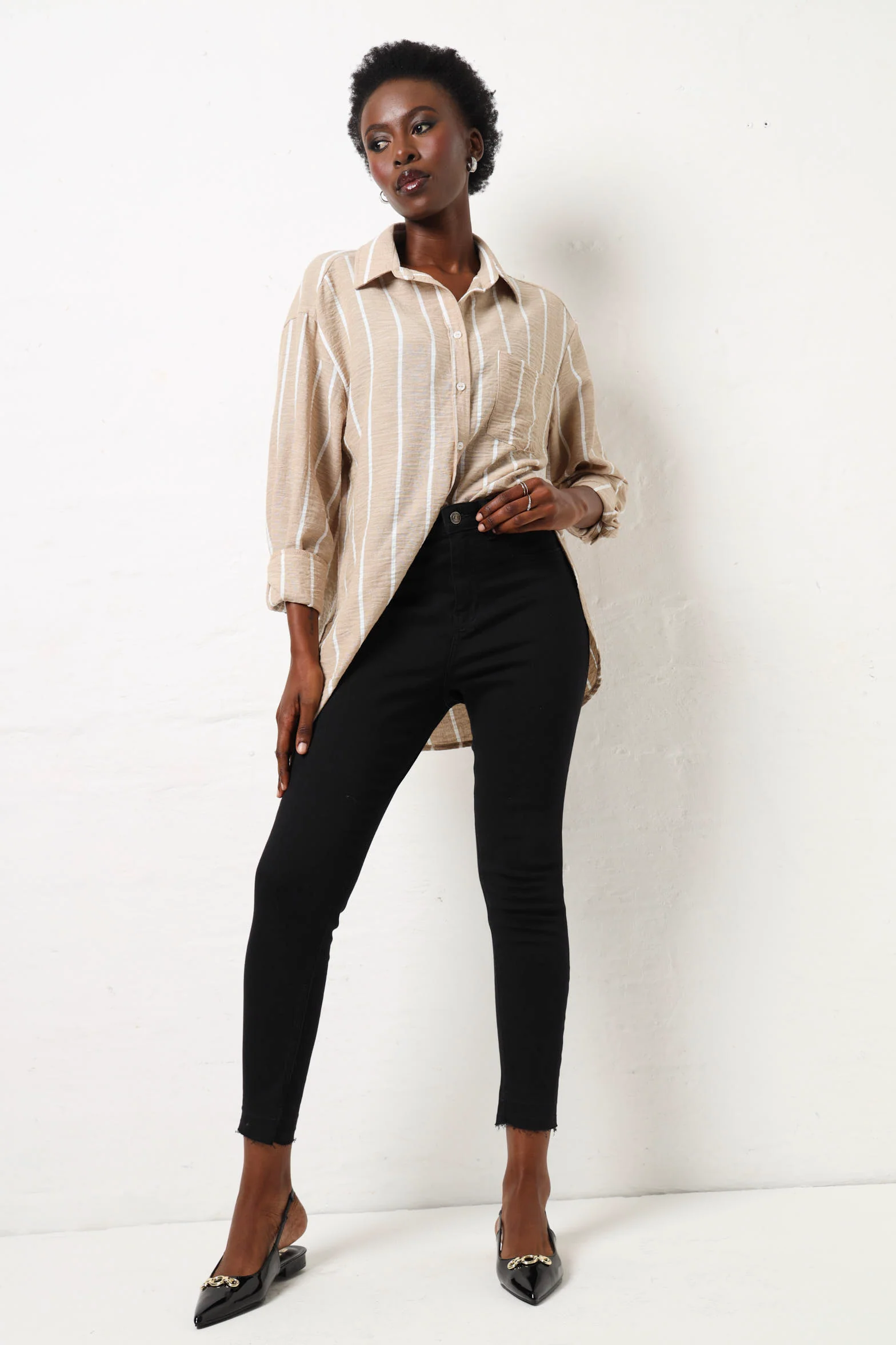 Long Sleeve Striped Linen Shirt - Beige/White - Image 5