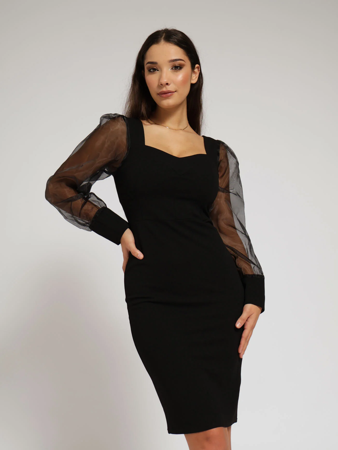 Long Sleeve Sweetheart Organza Dress - Black