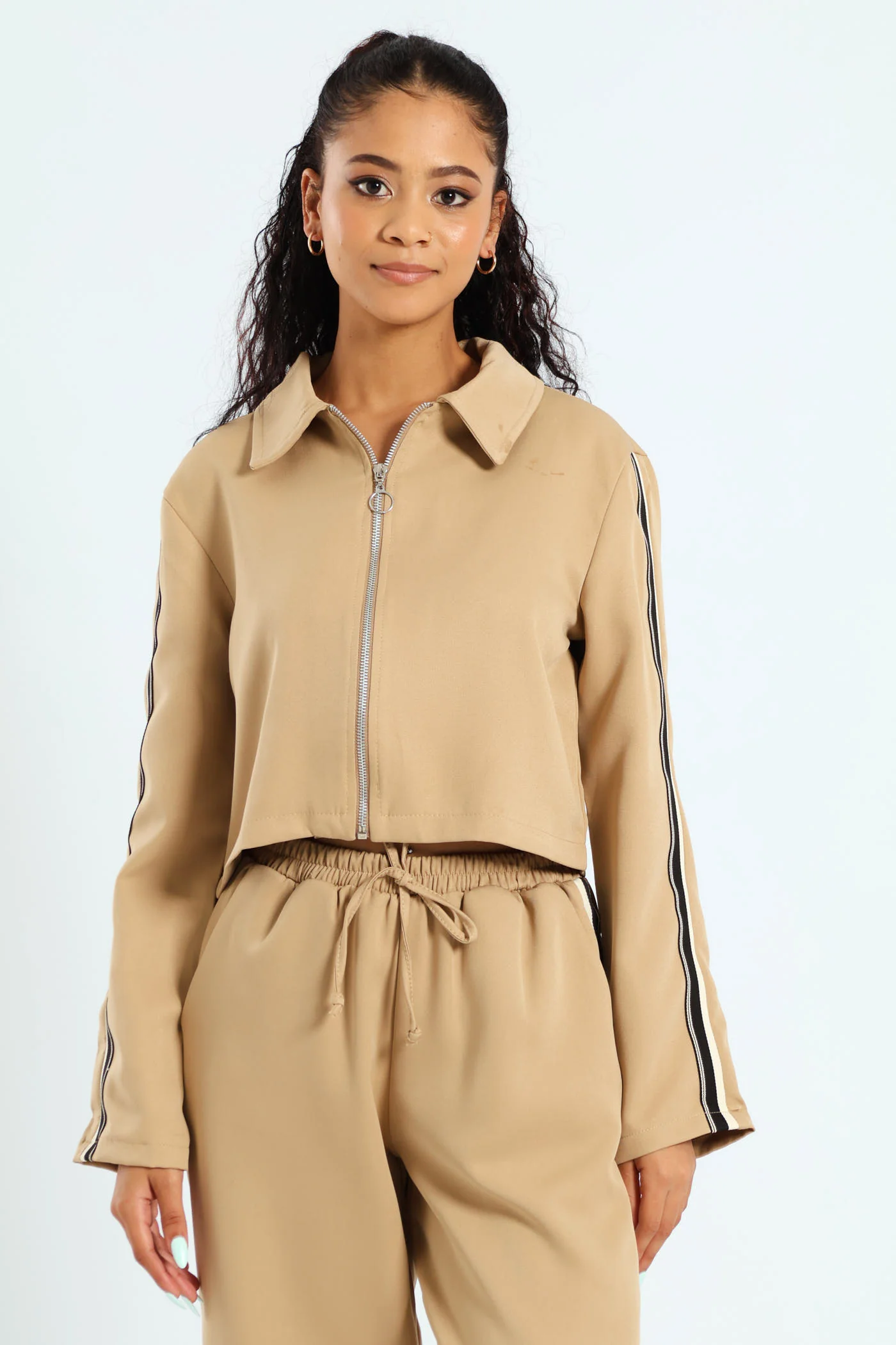 Long Sleeve Tape Detail Zip Through Barbi Shirt - Beige - Image 2