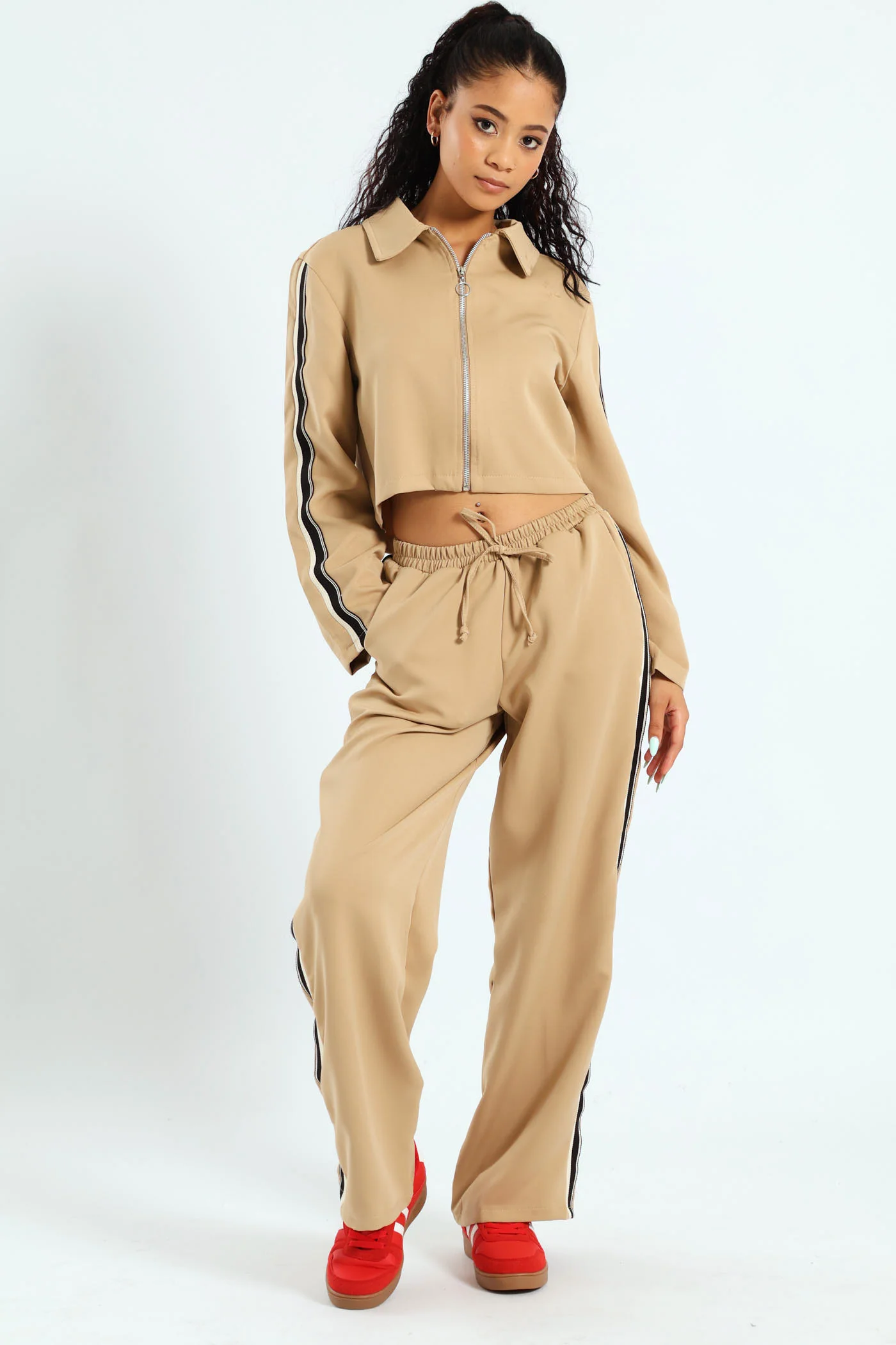 Long Sleeve Tape Detail Zip Through Barbi Shirt - Beige - Image 3