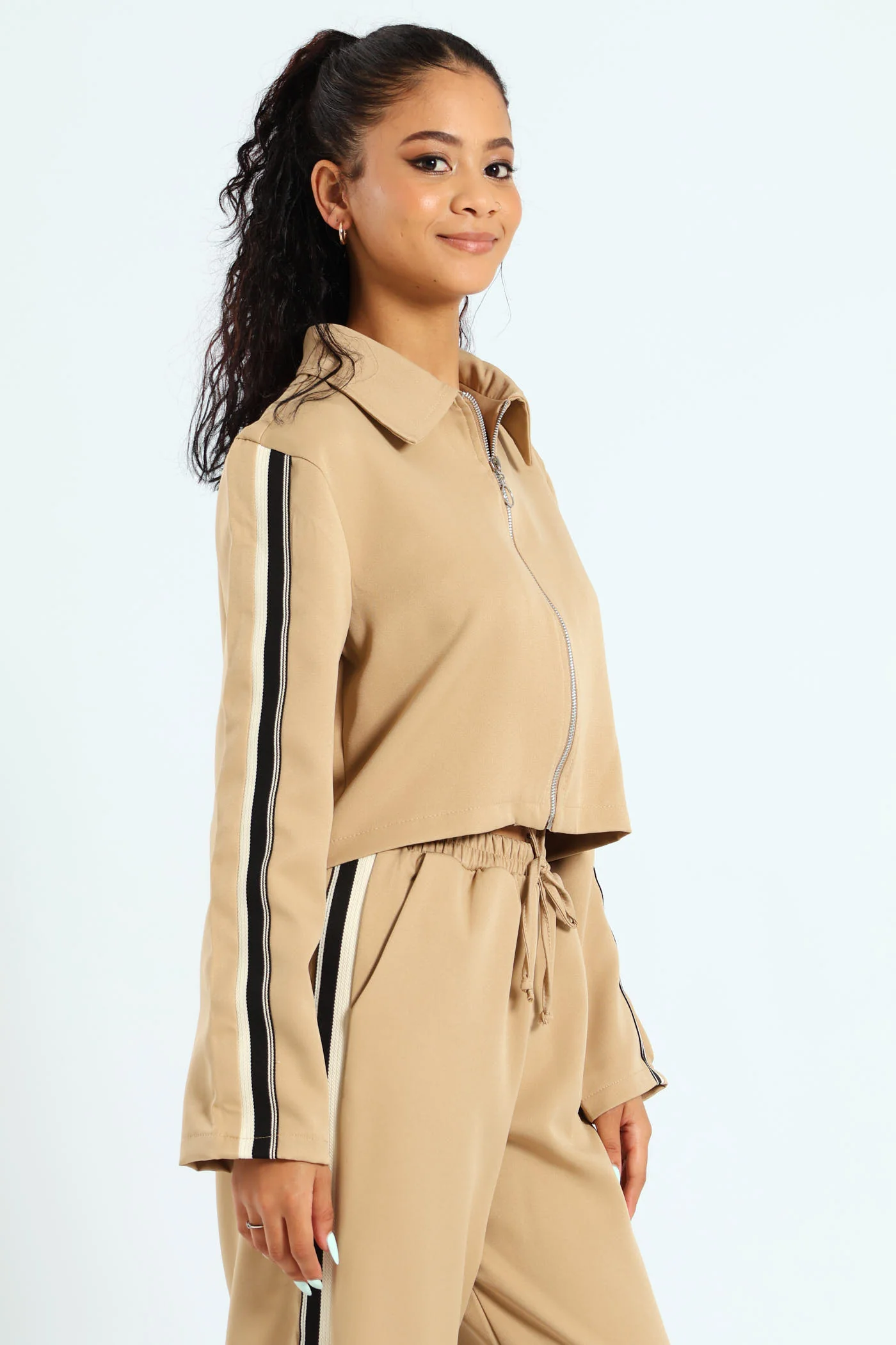 Long Sleeve Tape Detail Zip Through Barbi Shirt - Beige - Image 4