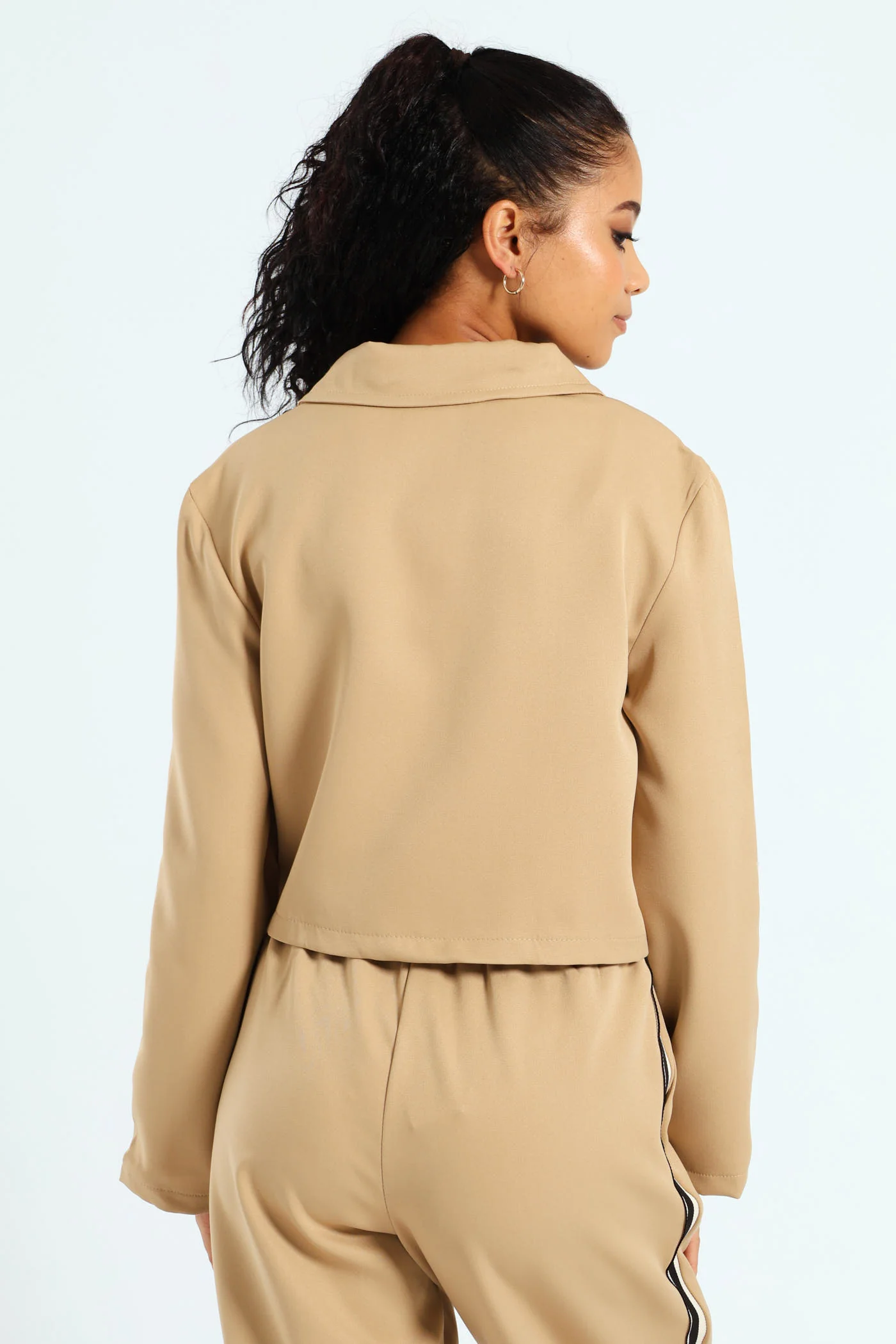 Long Sleeve Tape Detail Zip Through Barbi Shirt - Beige - Image 5