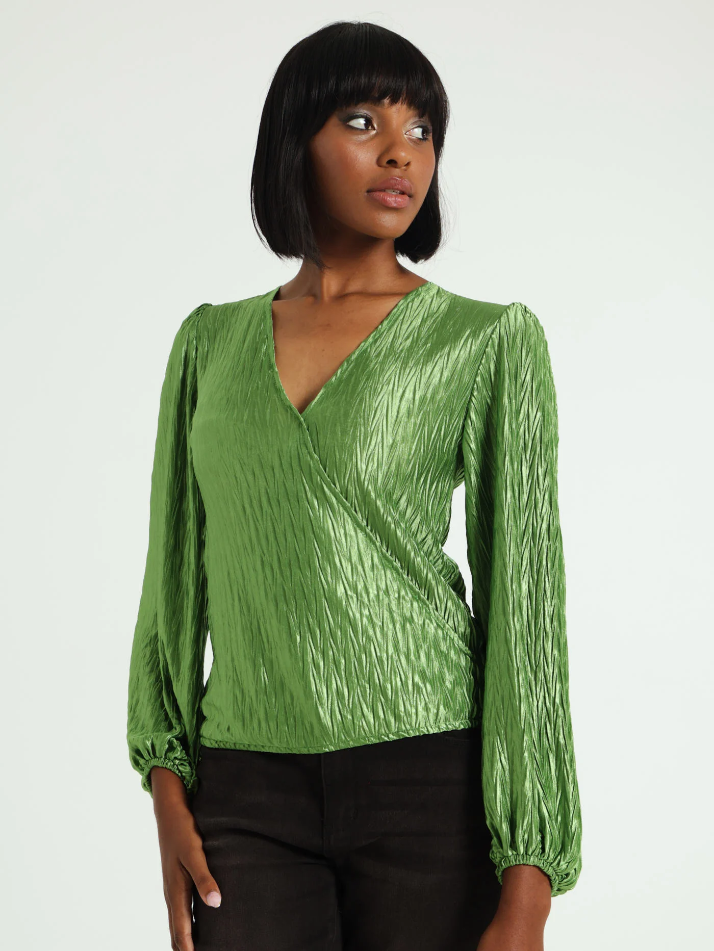 Long Sleeve Textured Bodre Wrap Top - Green