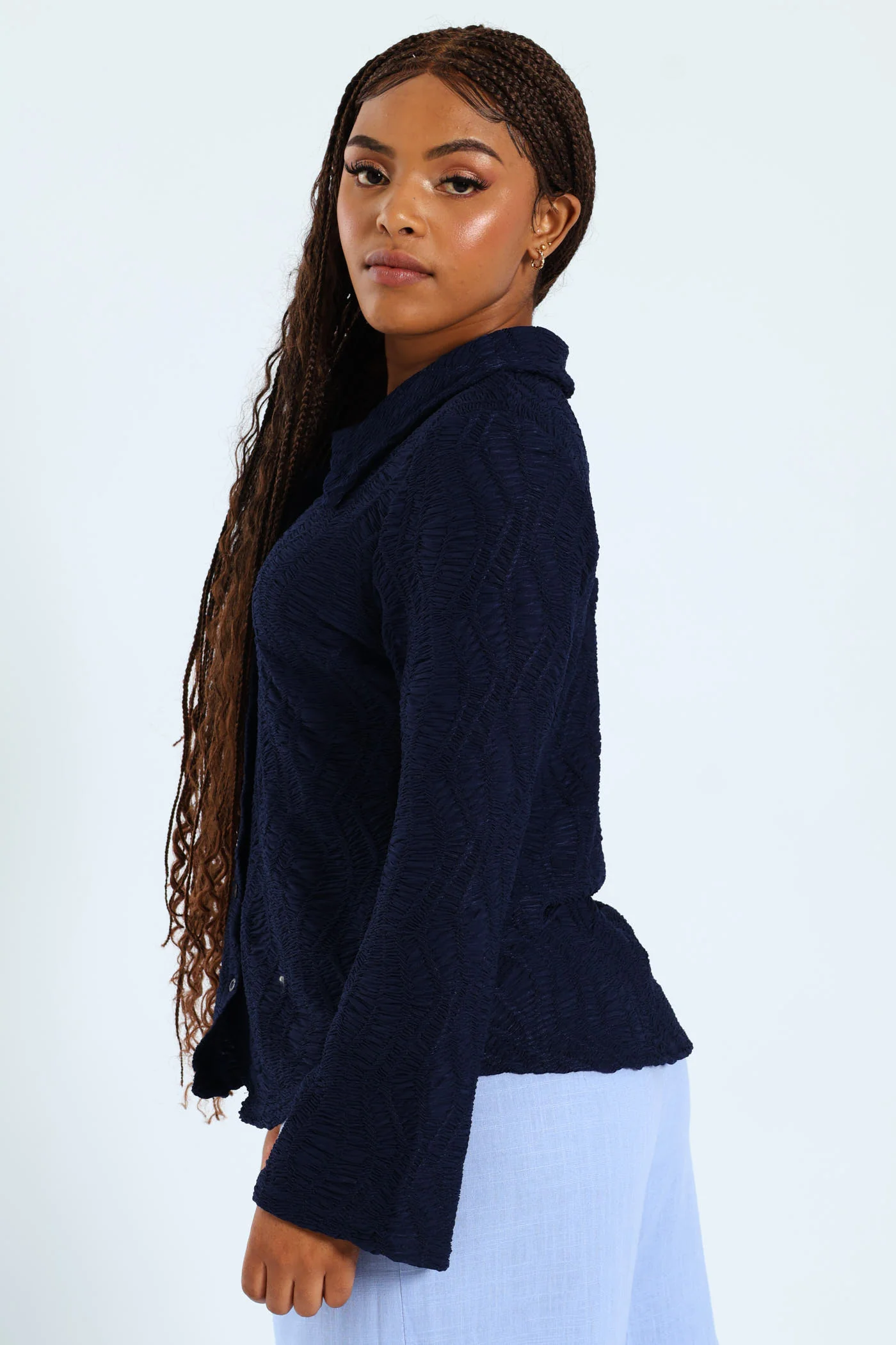 Long Sleeve Textured Crinkle Knit Shirt - Navy - Image 4