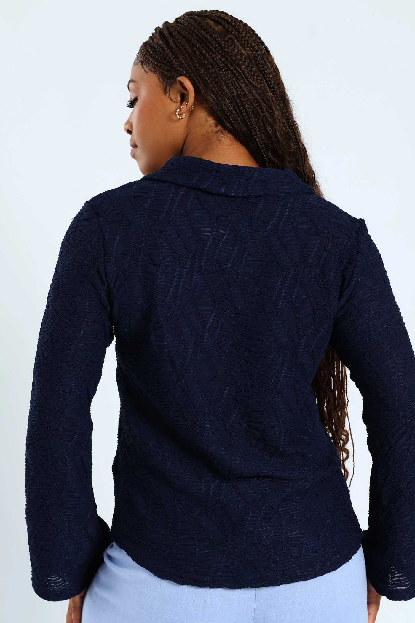 Long Sleeve Textured Crinkle Knit Shirt - Navy - Image 5