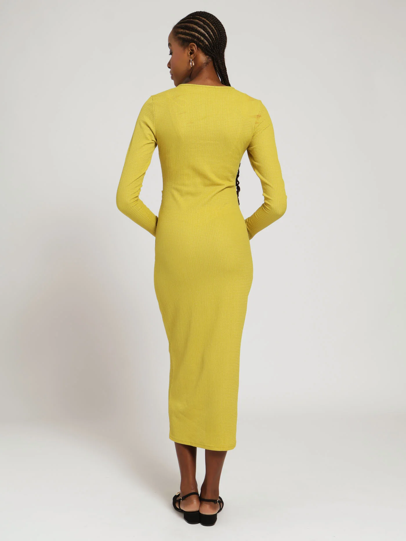 Long Sleeve Textured Knit Basic Midi Dress - Chartreuse - Image 3