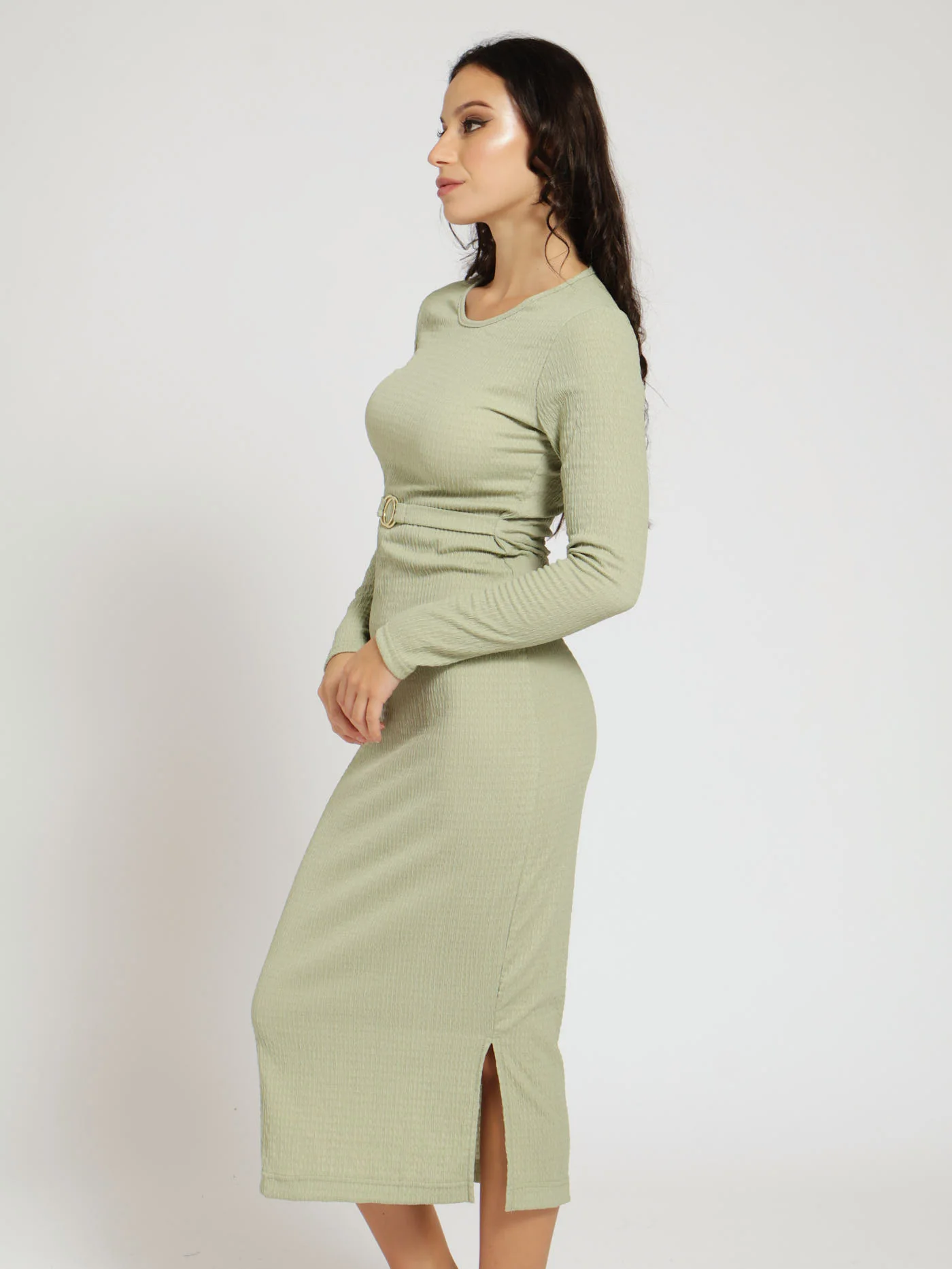Long Sleeve Textured Knit Basic Midi Dress - Sage - Image 2