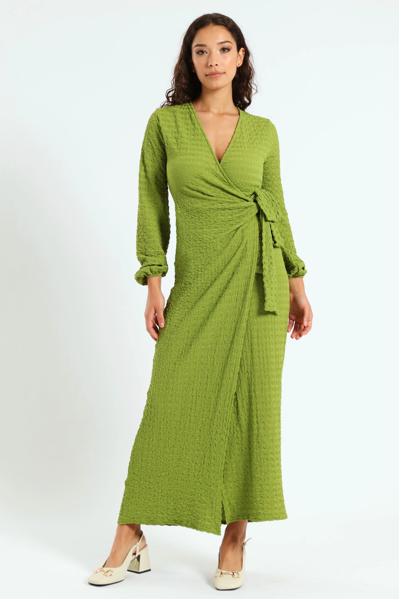Long Sleeve Textured Knit Dress - Chartreuse