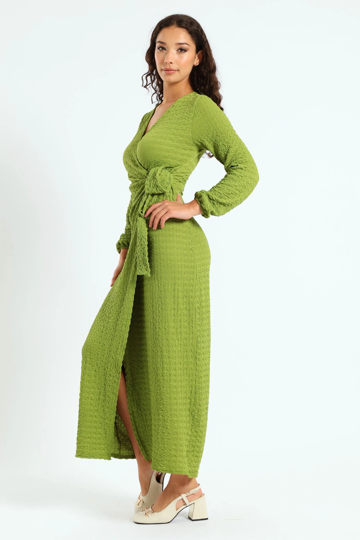 Long Sleeve Textured Knit Dress - Chartreuse - Image 3