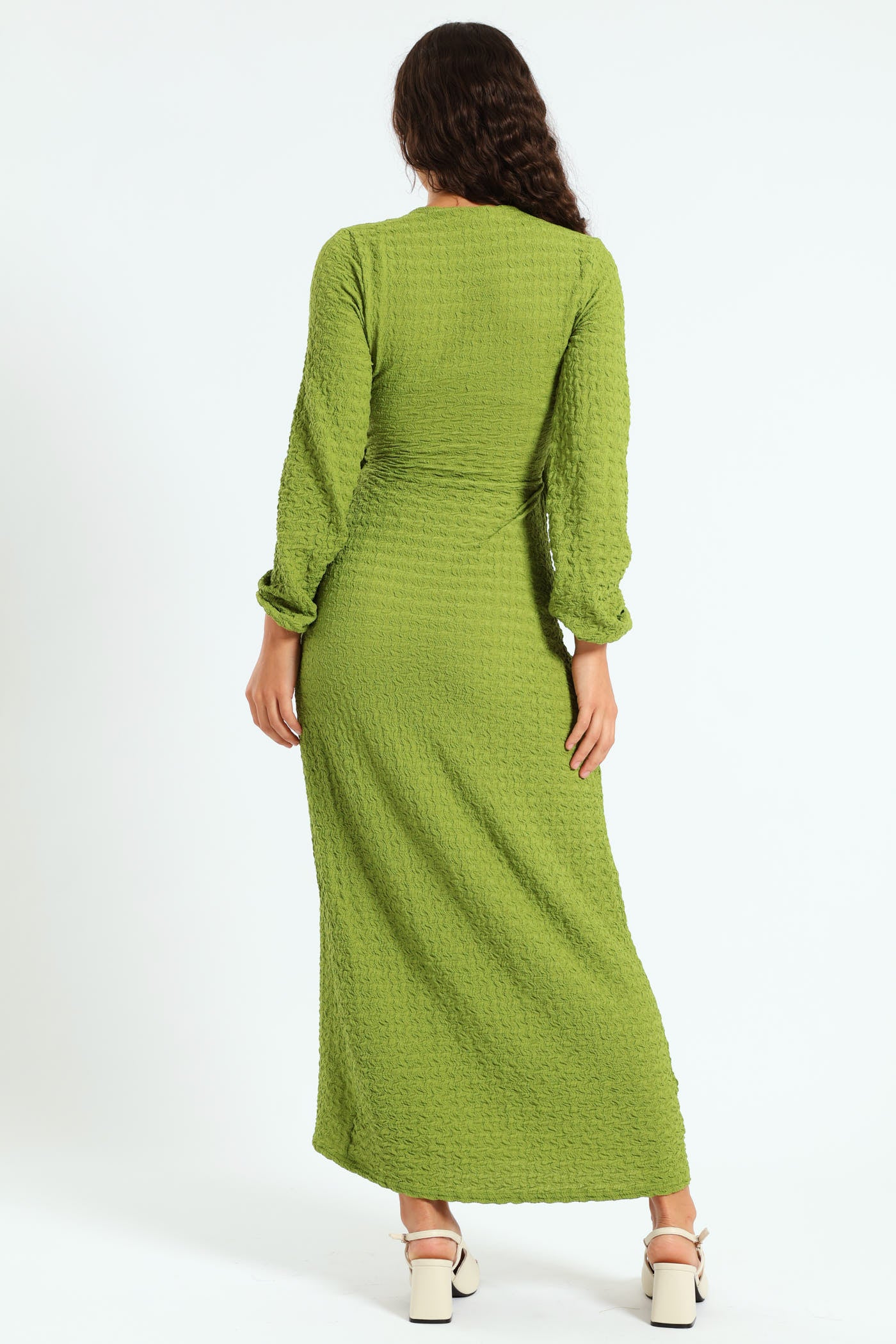 Long Sleeve Textured Knit Dress - Chartreuse - Image 4