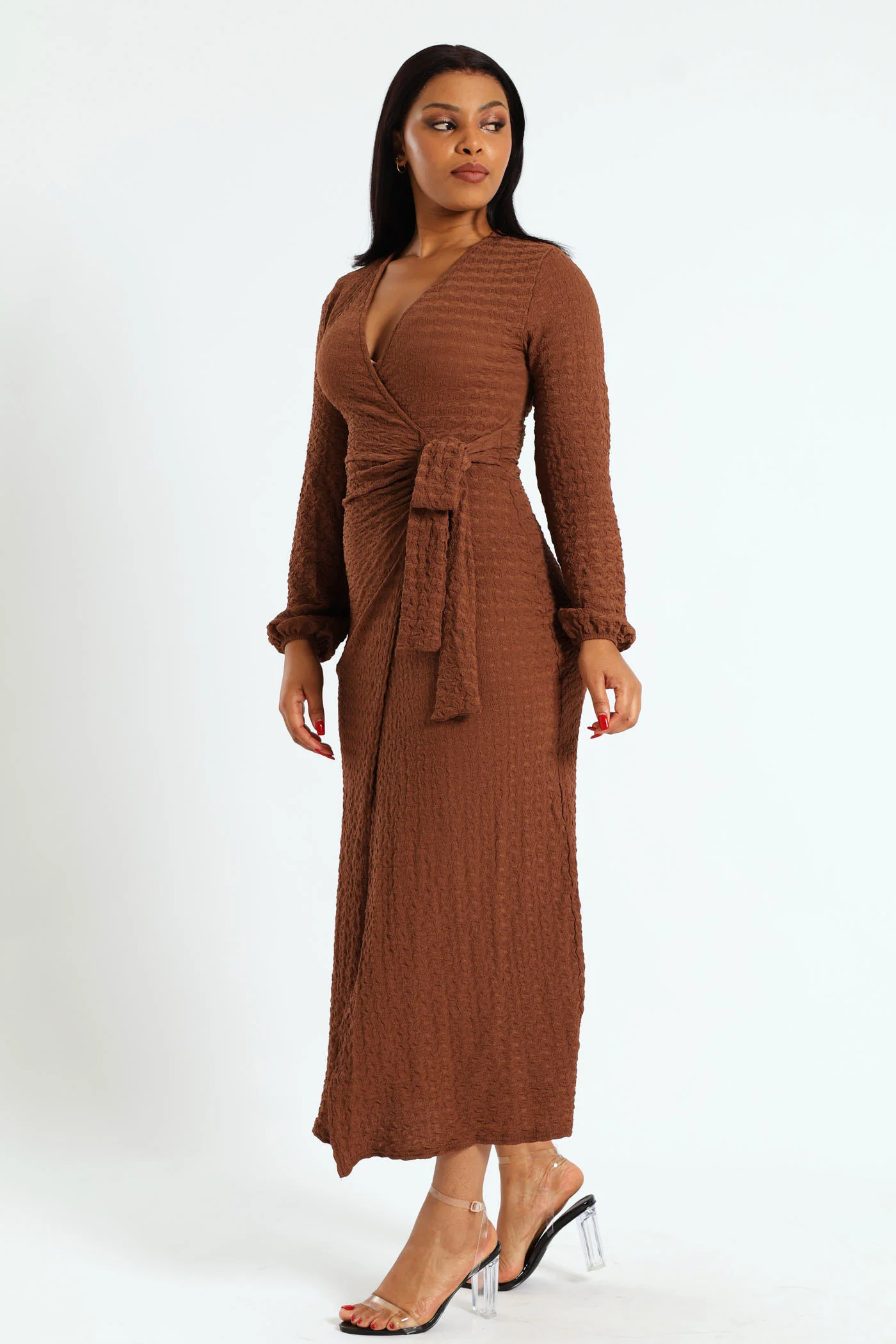 Long Sleeve Textured Knit Dress - Chocolate - Image 3