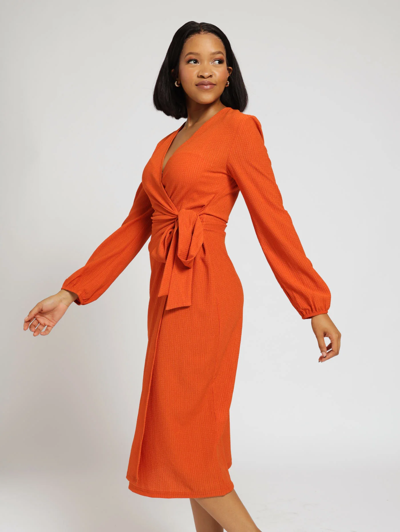 Long Sleeve Textured Knit Midi Wrap Dress - Image 2
