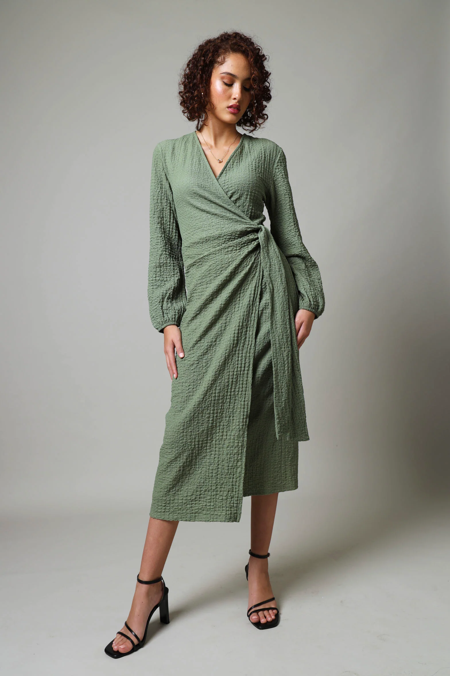 Long Sleeve Textured Knit Wrap Midi Dress - Sage