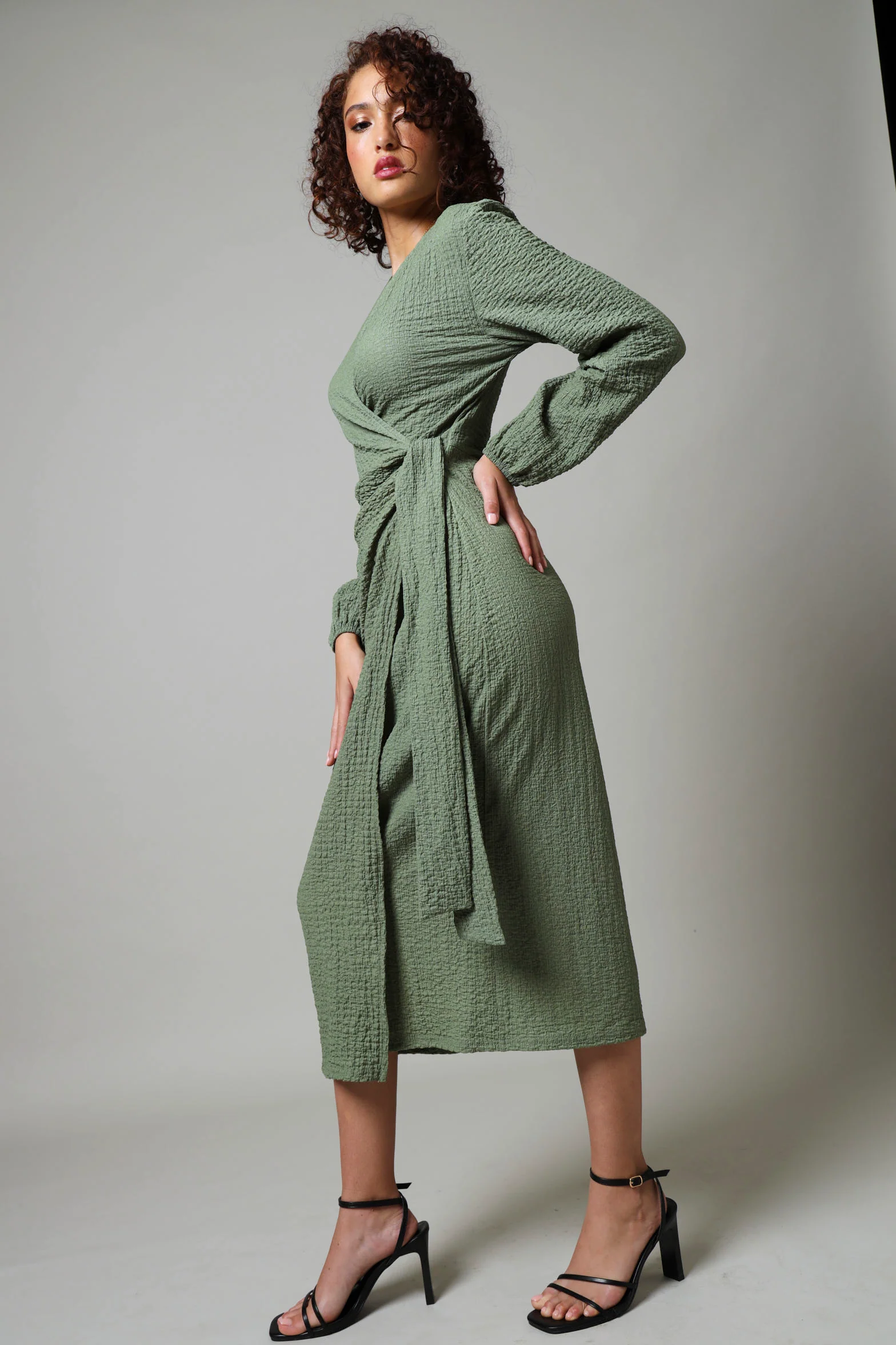 Long Sleeve Textured Knit Wrap Midi Dress - Sage - Image 2