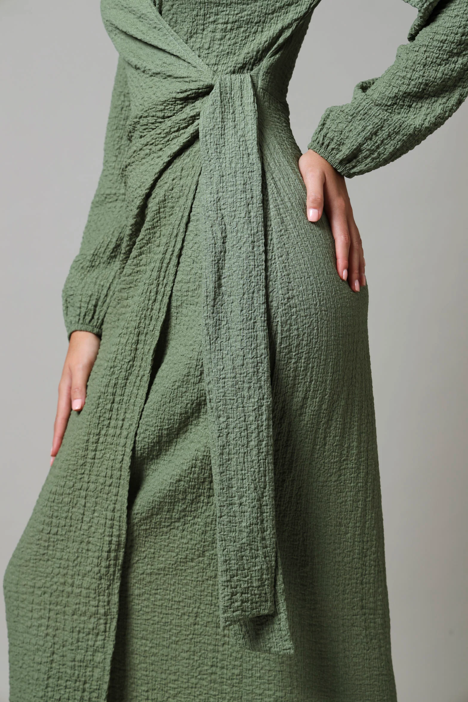 Long Sleeve Textured Knit Wrap Midi Dress - Sage - Image 3