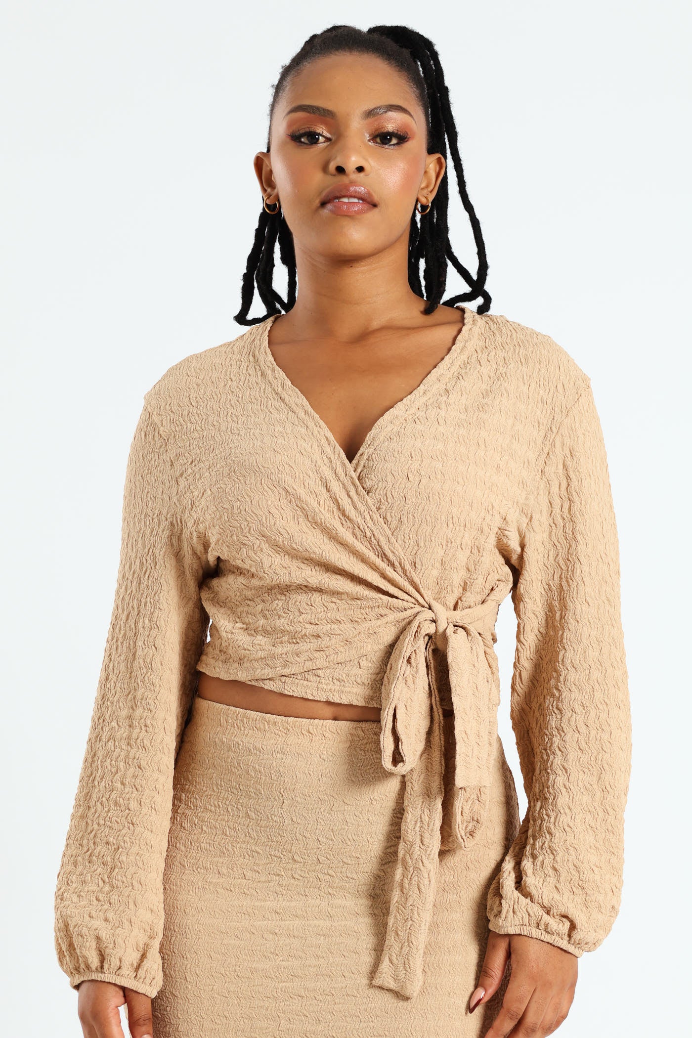 Long Sleeve Textured Knit Wrap Top - Stone