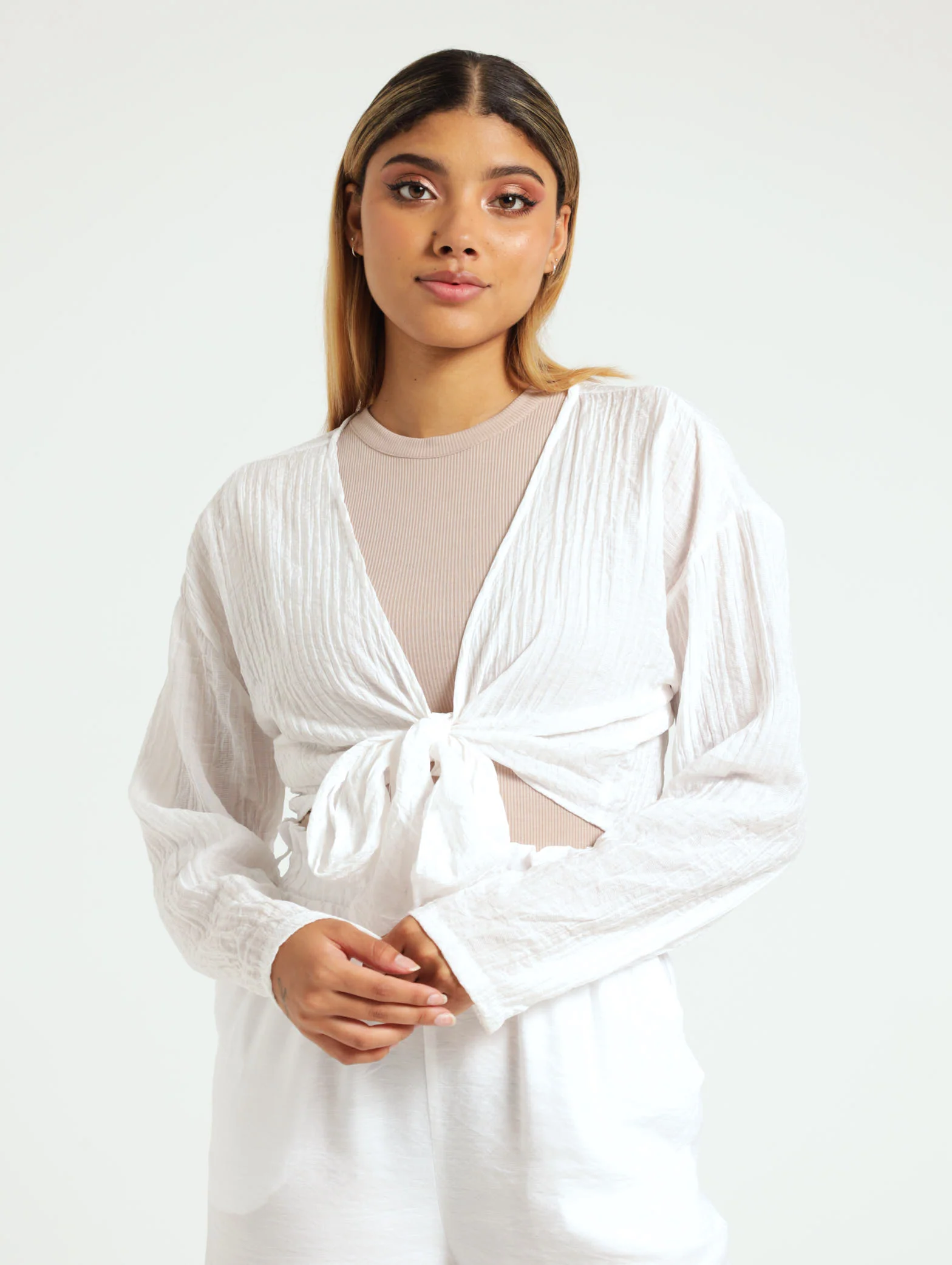 Long Sleeve Textured Tie Front Blouse