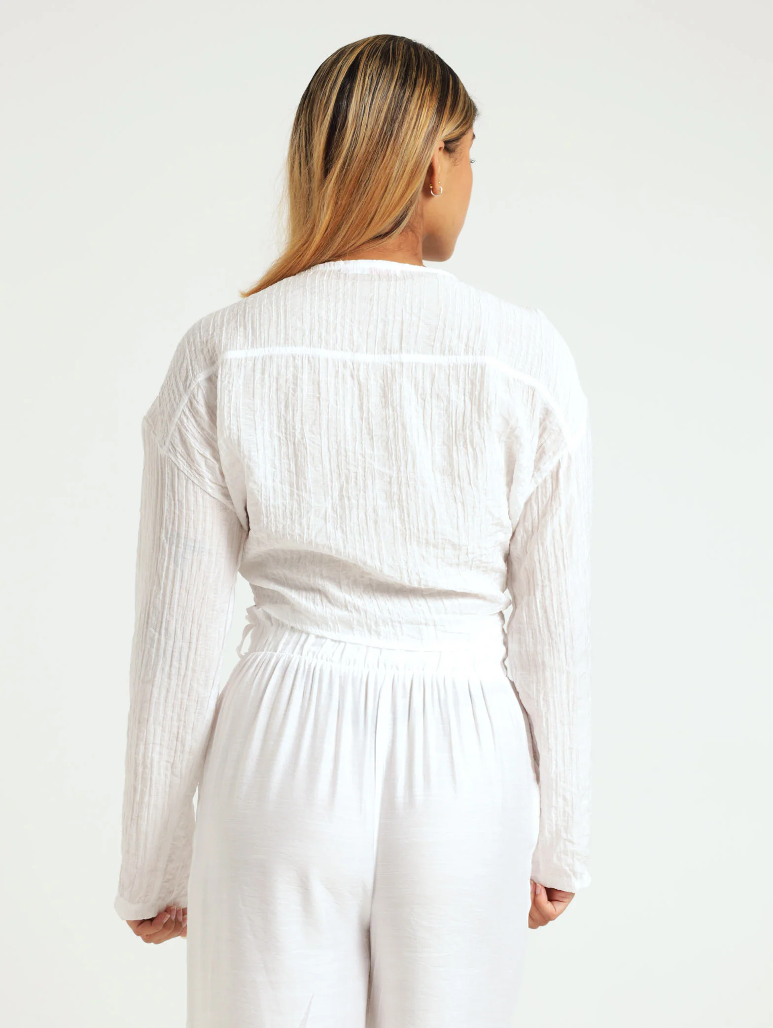 Long Sleeve Textured Tie Front Blouse - Image 3