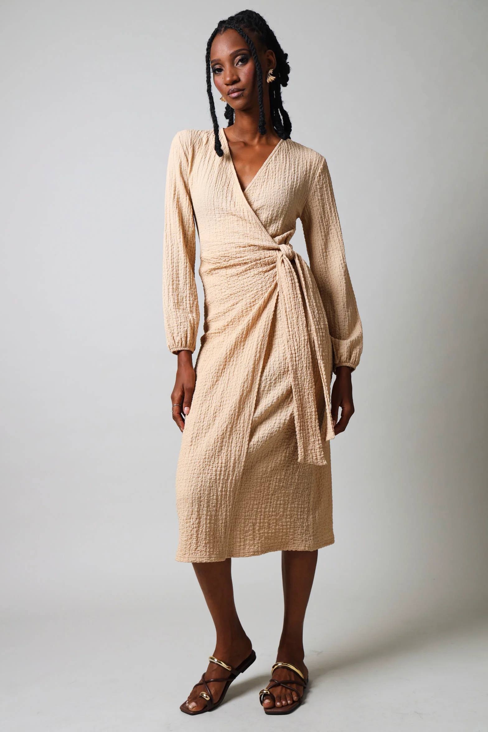 Long Sleeve Textured Wrap Dress - Nude