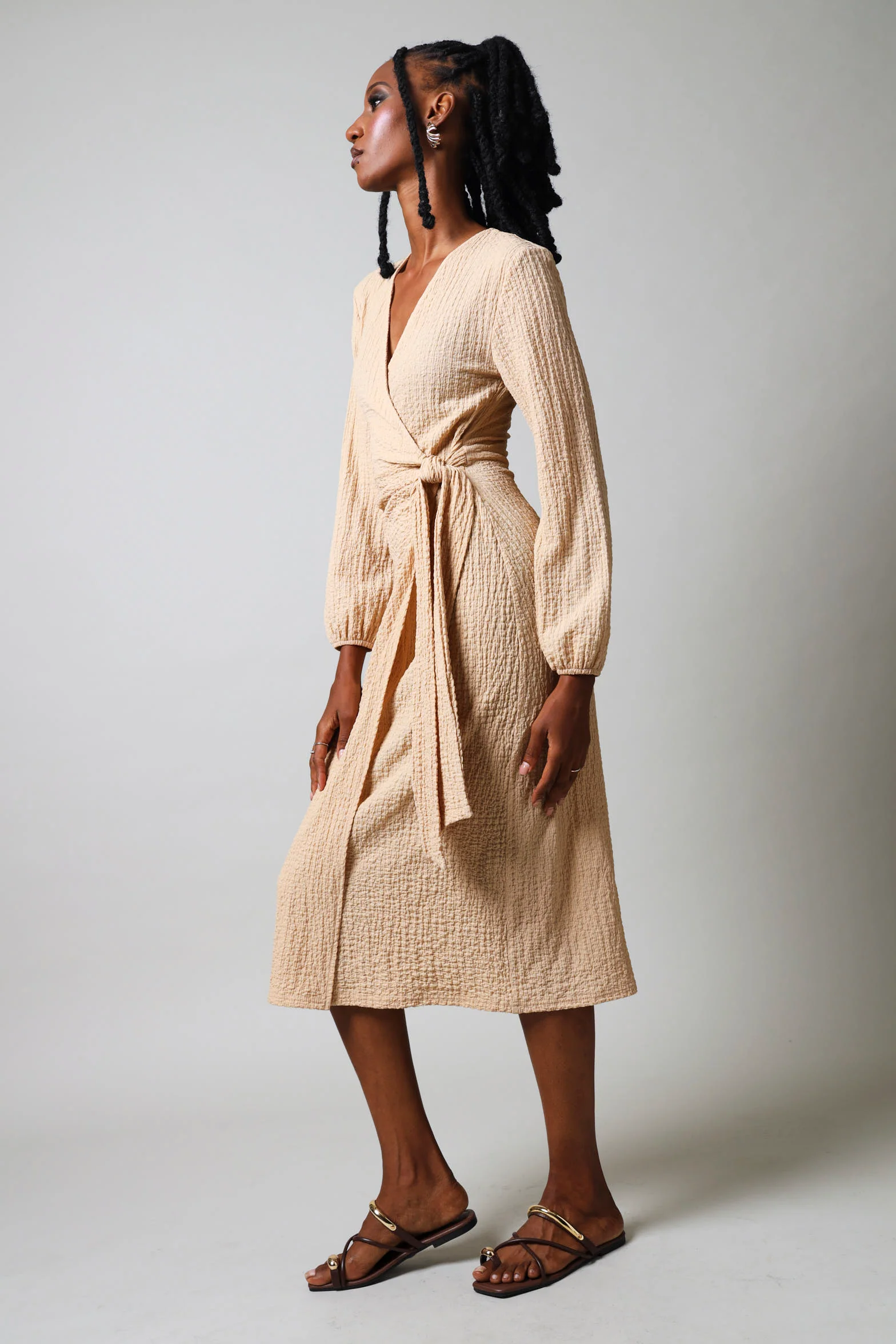 Long Sleeve Textured Wrap Dress - Nude - Image 2