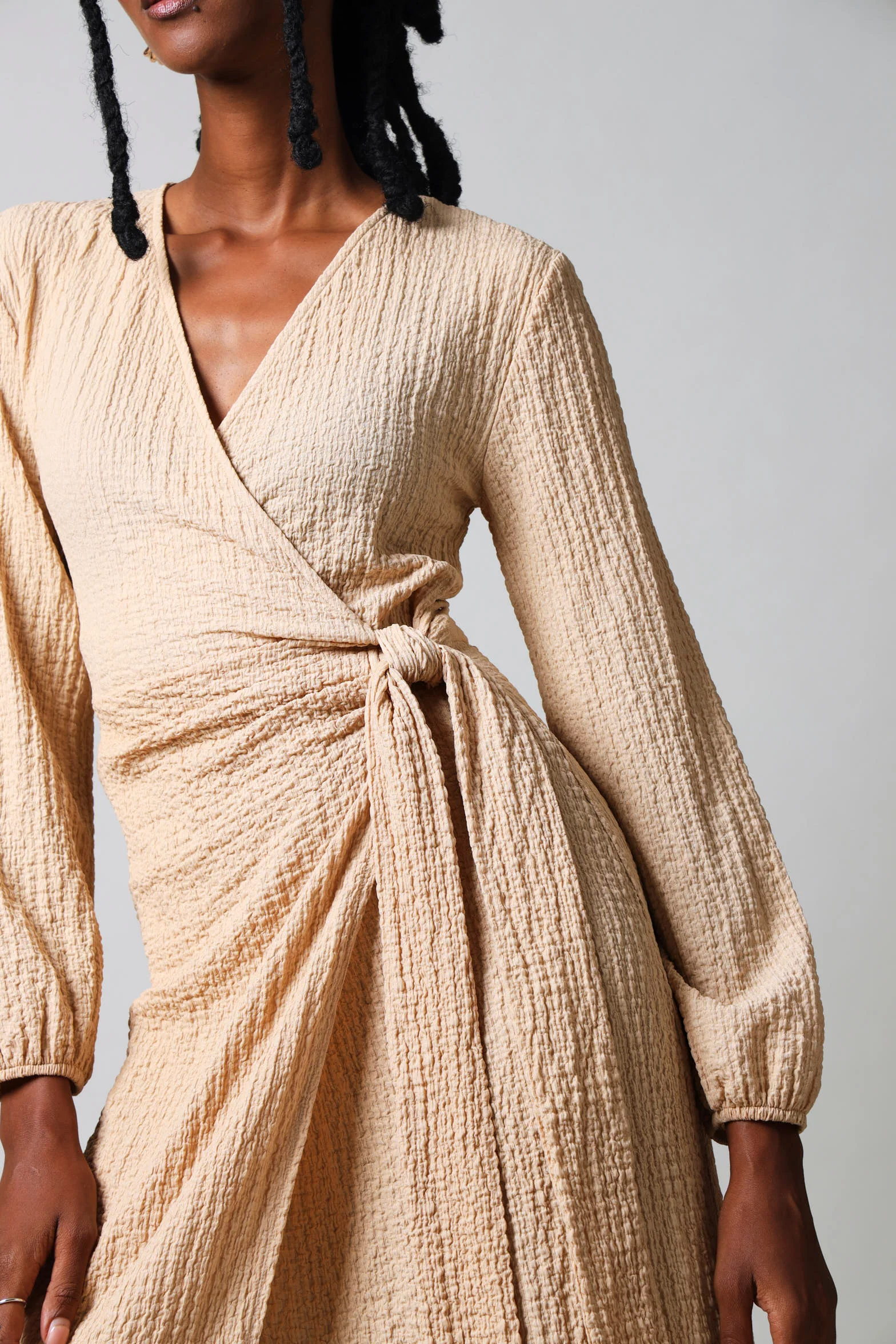 Long Sleeve Textured Wrap Dress - Nude - Image 3