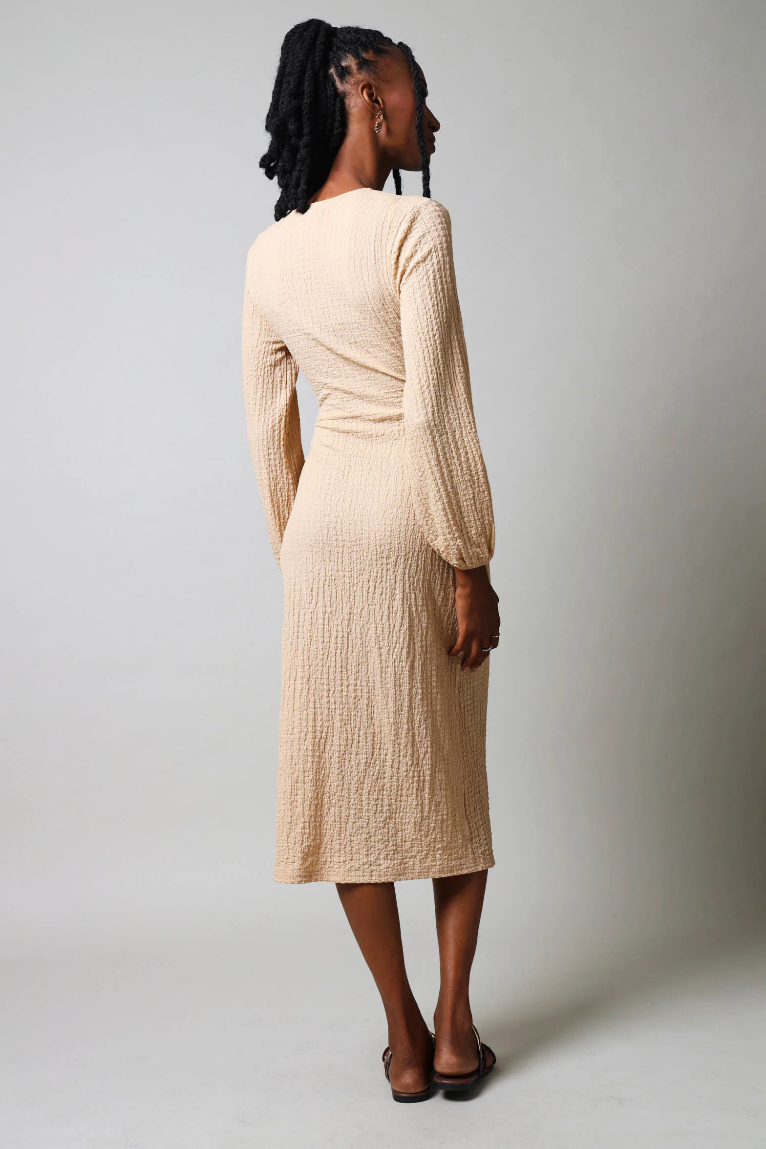 Long Sleeve Textured Wrap Dress - Nude - Image 4