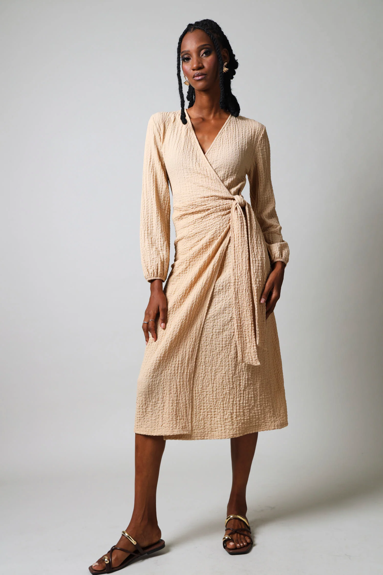 Long Sleeve Textured Wrap Dress - Nude - Image 5