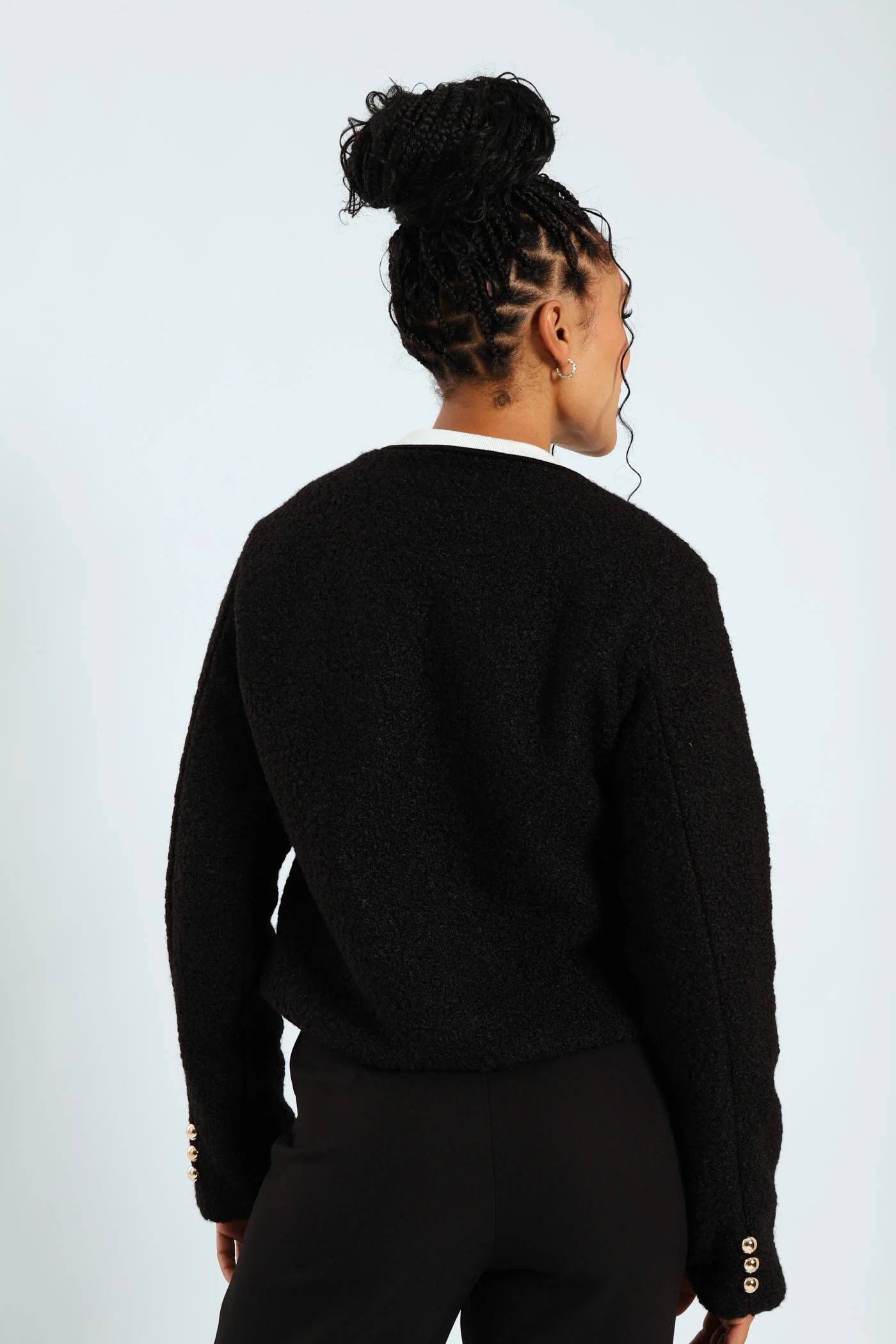 Long Sleeve Thick Boucle Cropped Coat - Black - Image 6