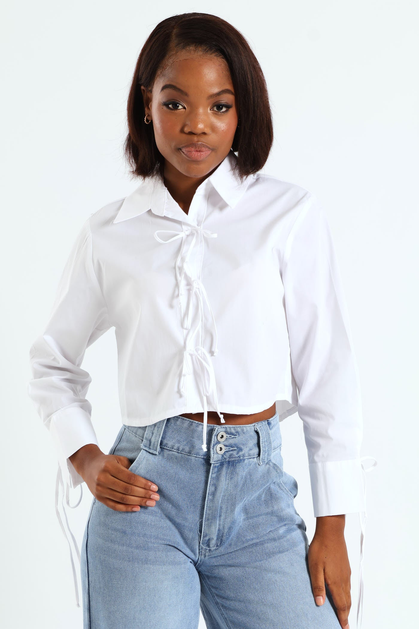 Long Sleeve Tie Detail Poplin Shirt - White