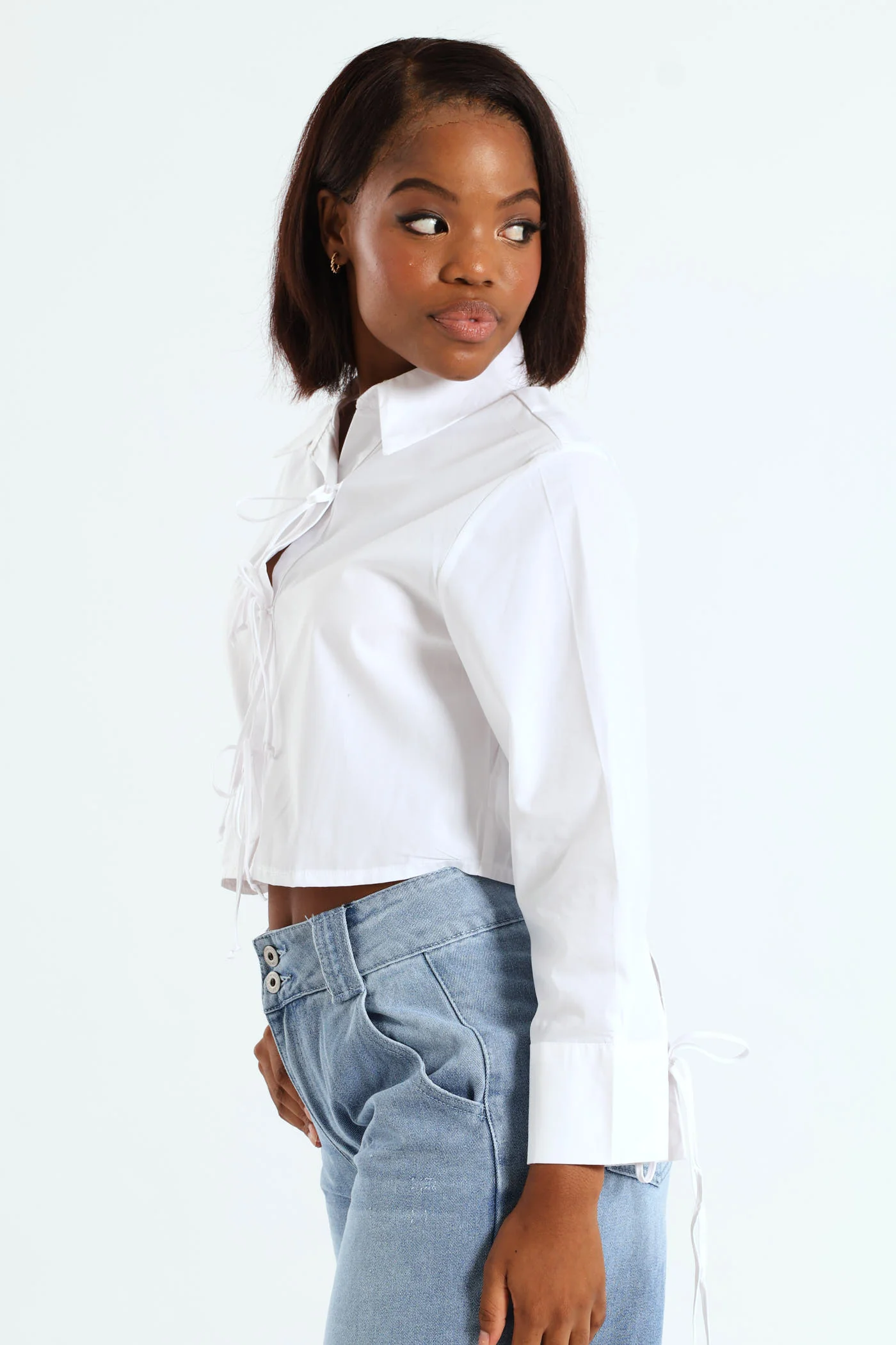 Long Sleeve Tie Detail Poplin Shirt - White - Image 3