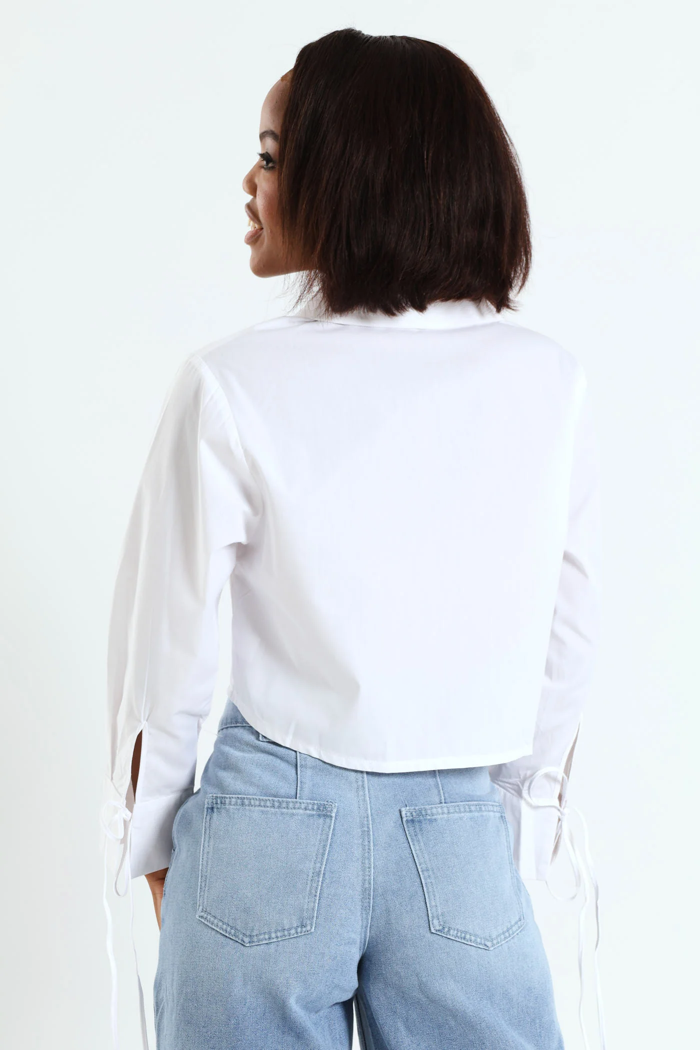 Long Sleeve Tie Detail Poplin Shirt - White - Image 4