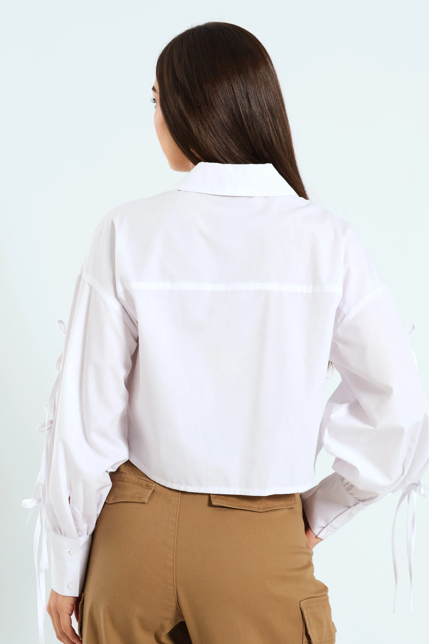 Long Sleeve Tie Detail Poplin Shirt - White - Image 4