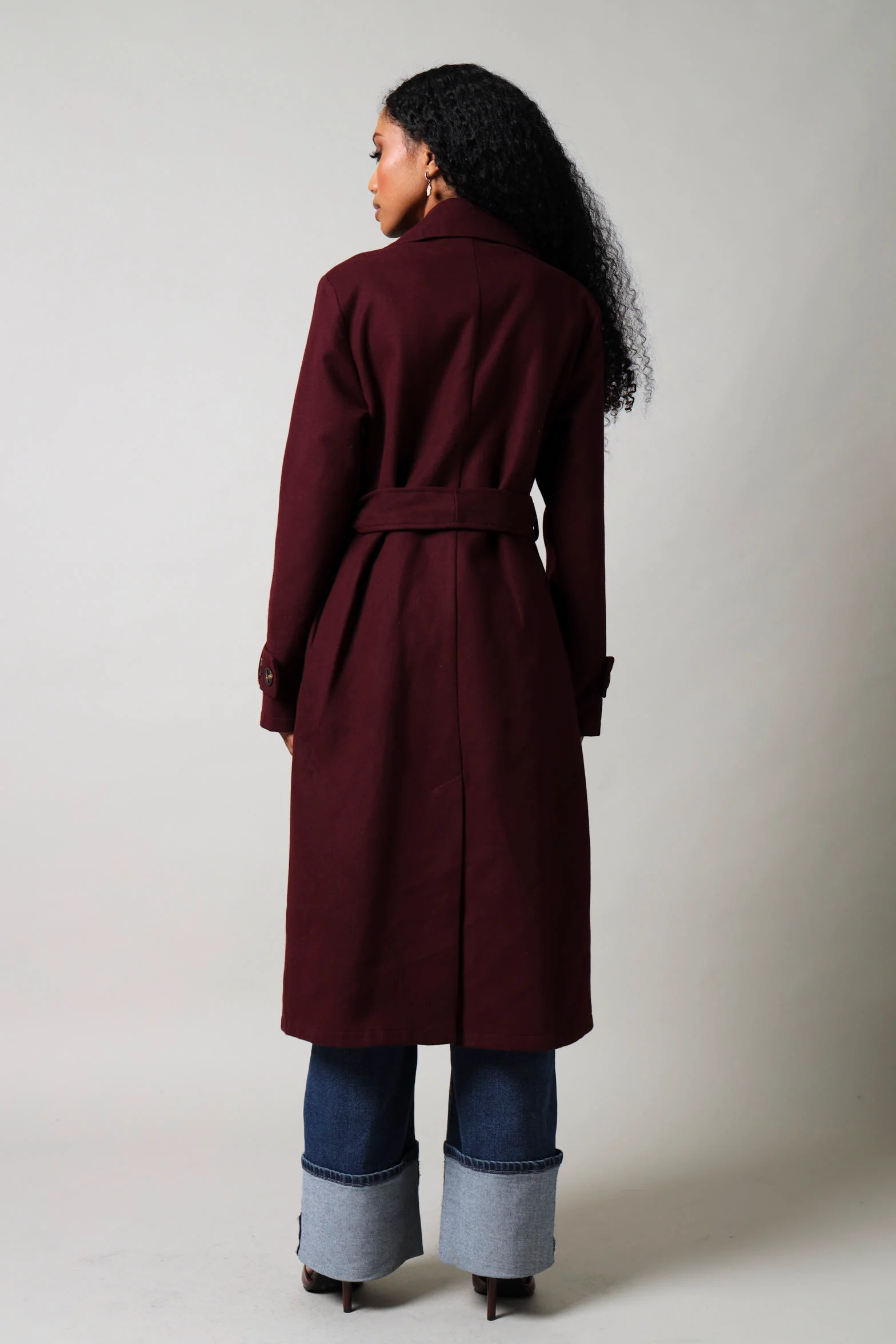 Long Sleeve Tie Waist Melton Coat - Plum - Image 5