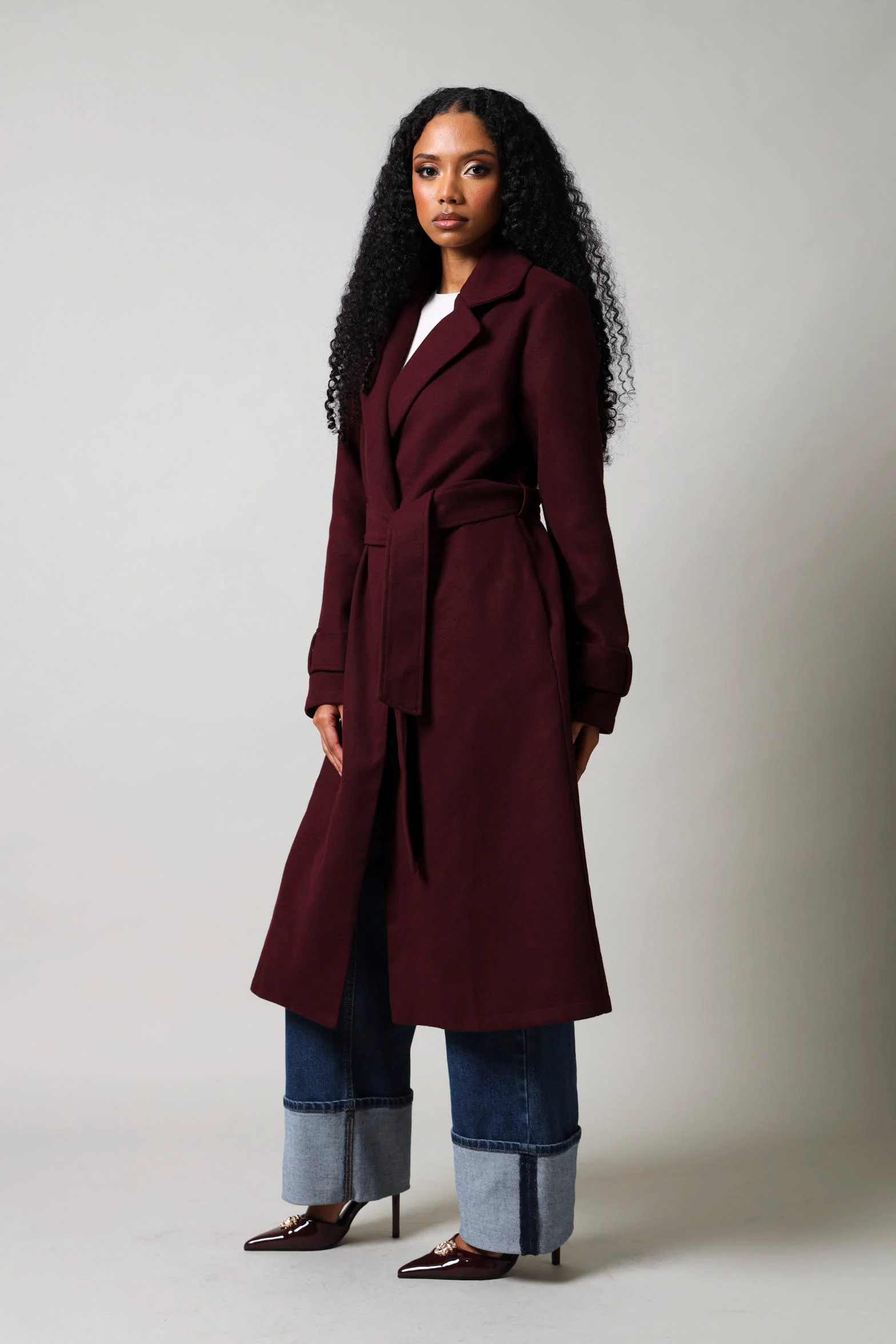 Long Sleeve Tie Waist Melton Coat - Plum - Image 6