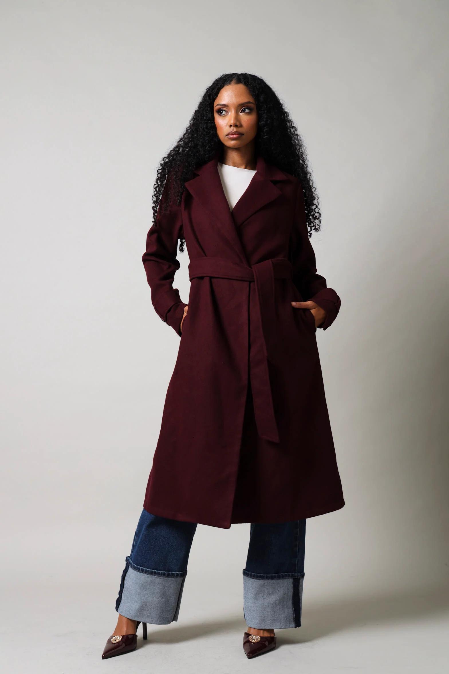 Long Sleeve Tie Waist Melton Coat - Plum - Image 7